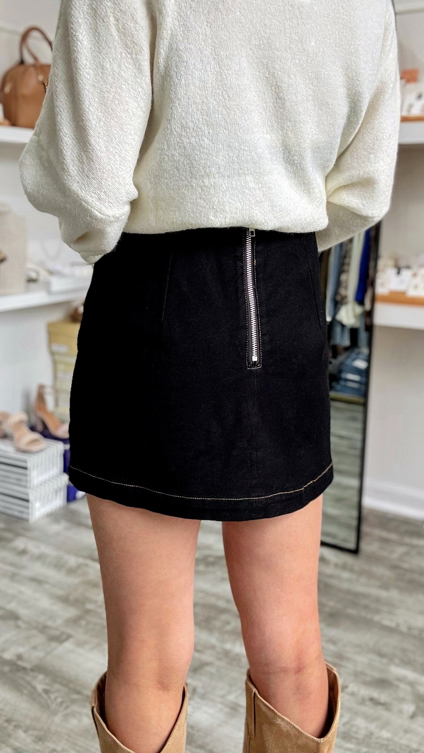 Black Denim Single Slit Skort