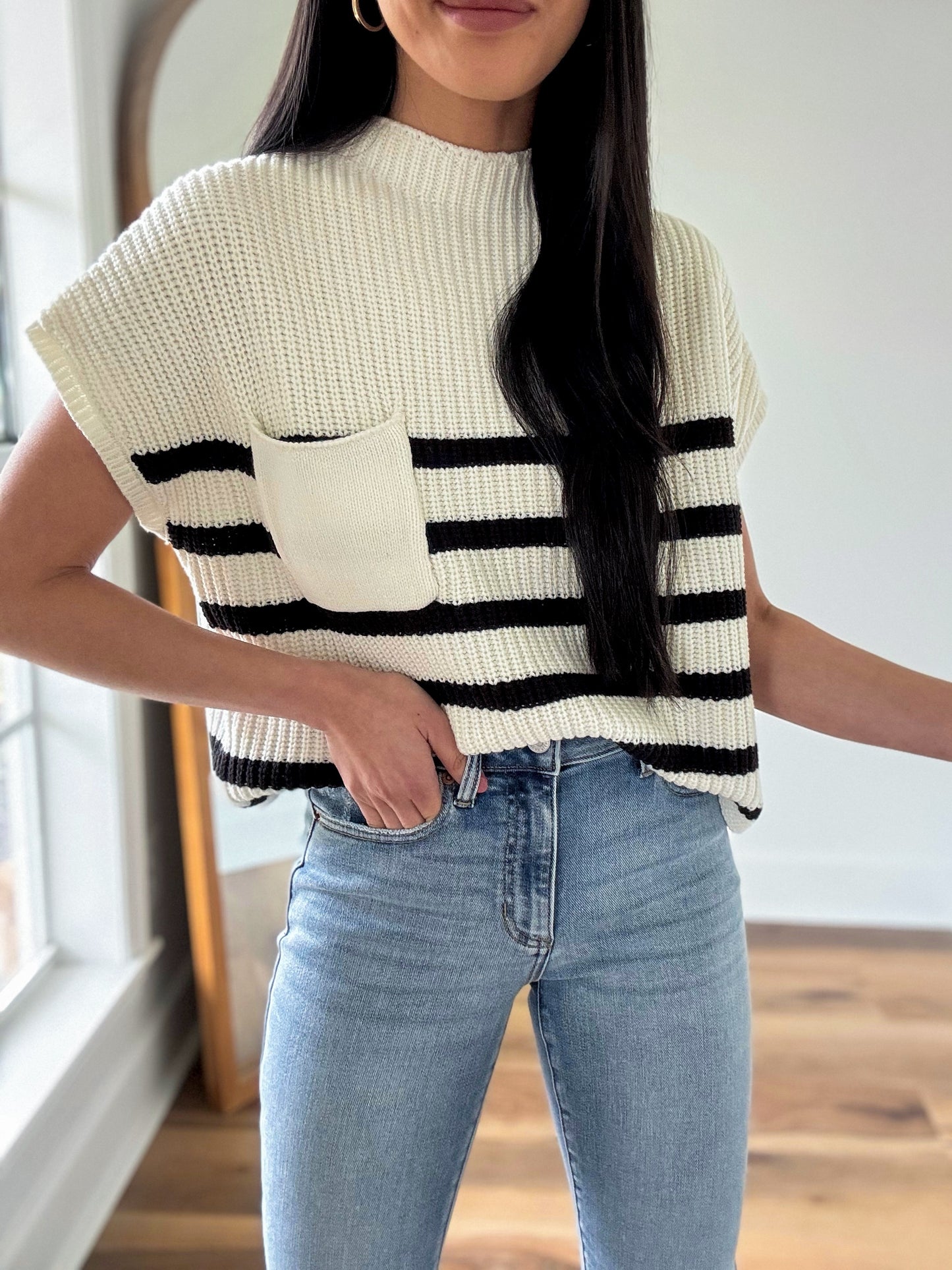 White Striped Pocket Sweater Top
