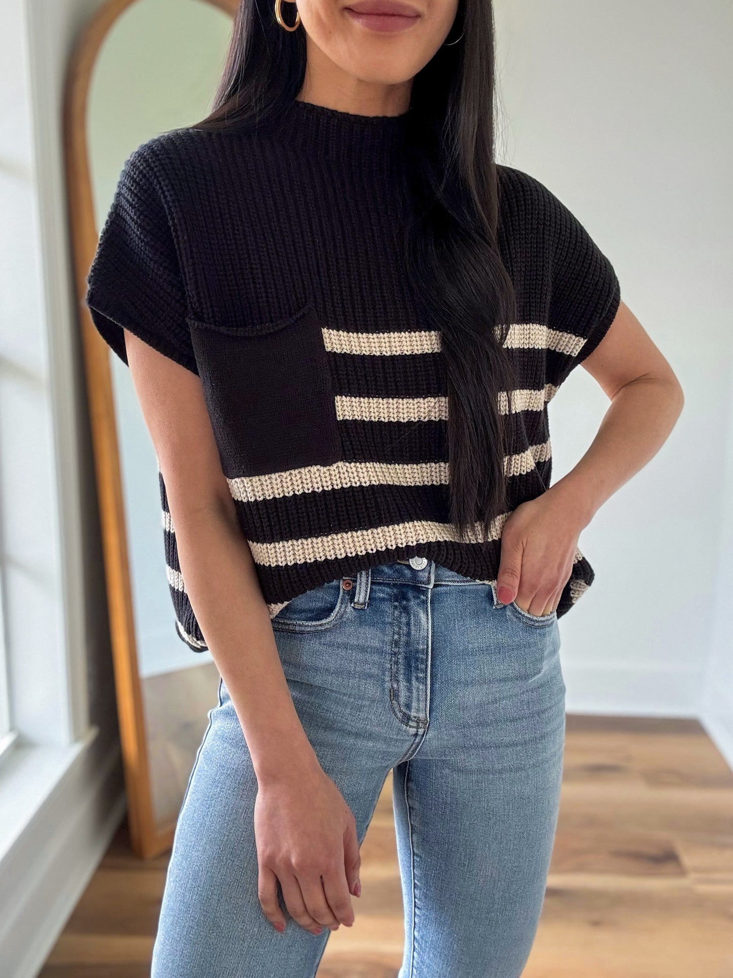 Black Striped Pocket Sweater Top