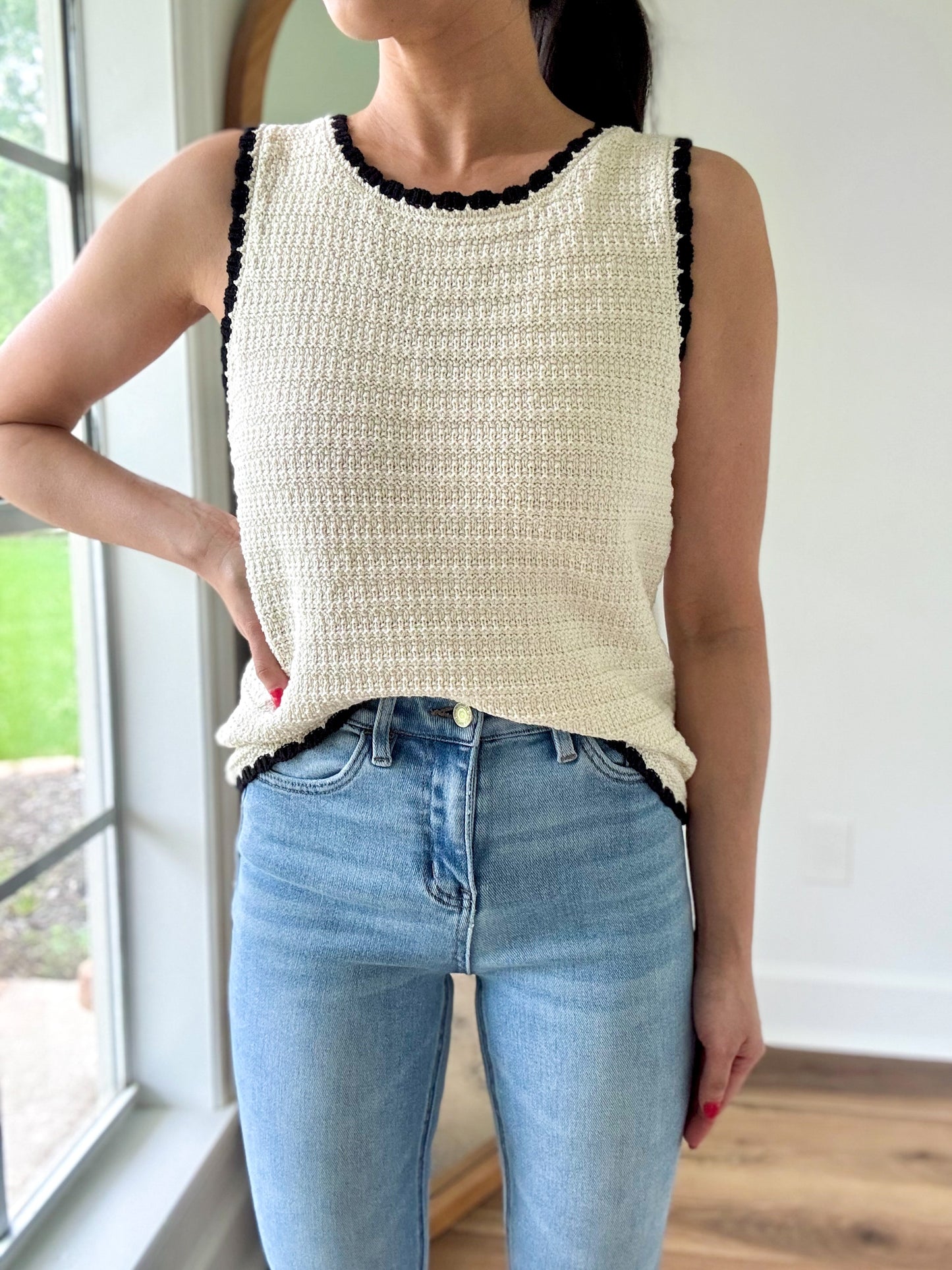 Contrast Crochet Knit Top-Ivory