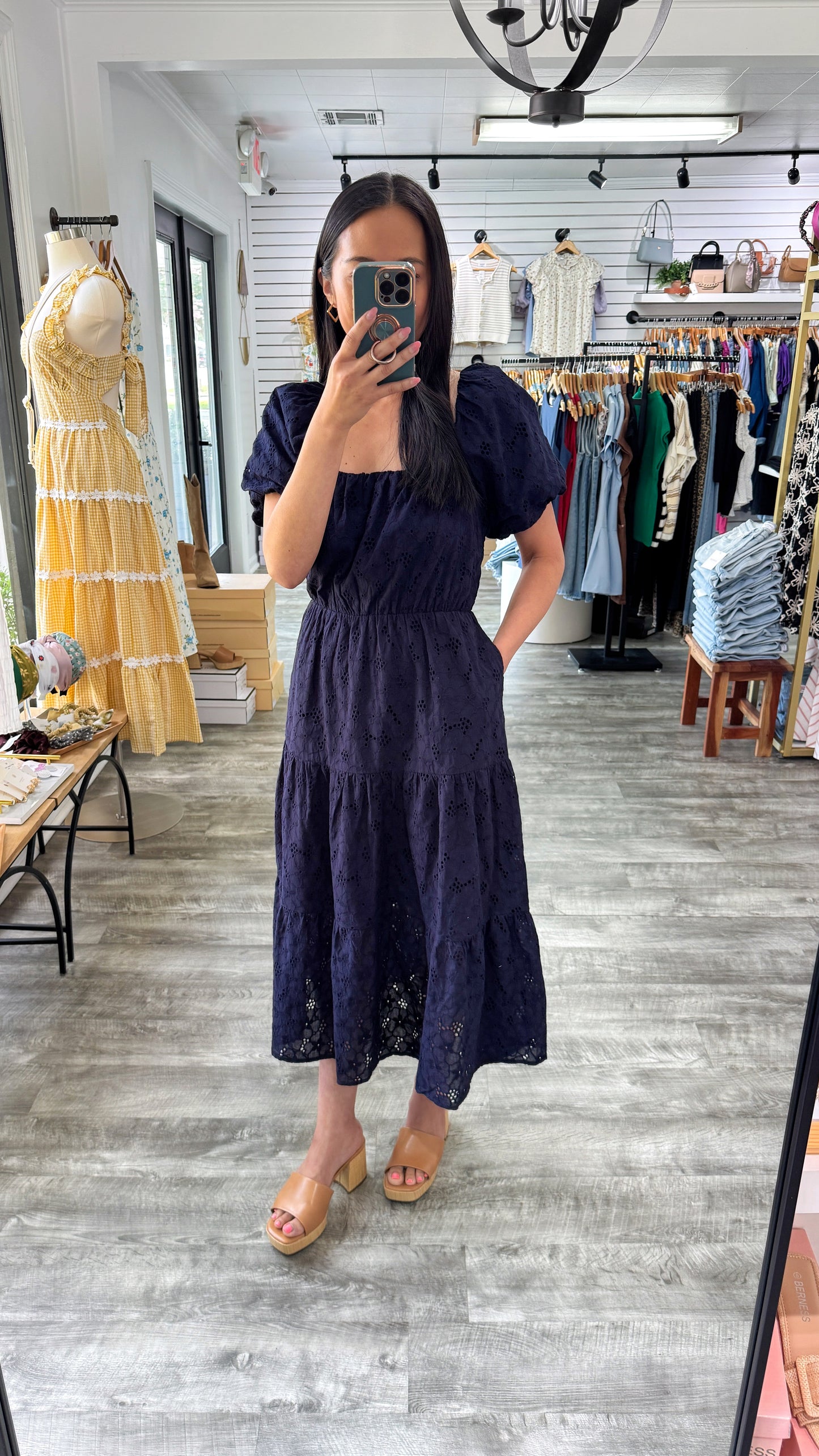Navy Eyelet Midi Dress