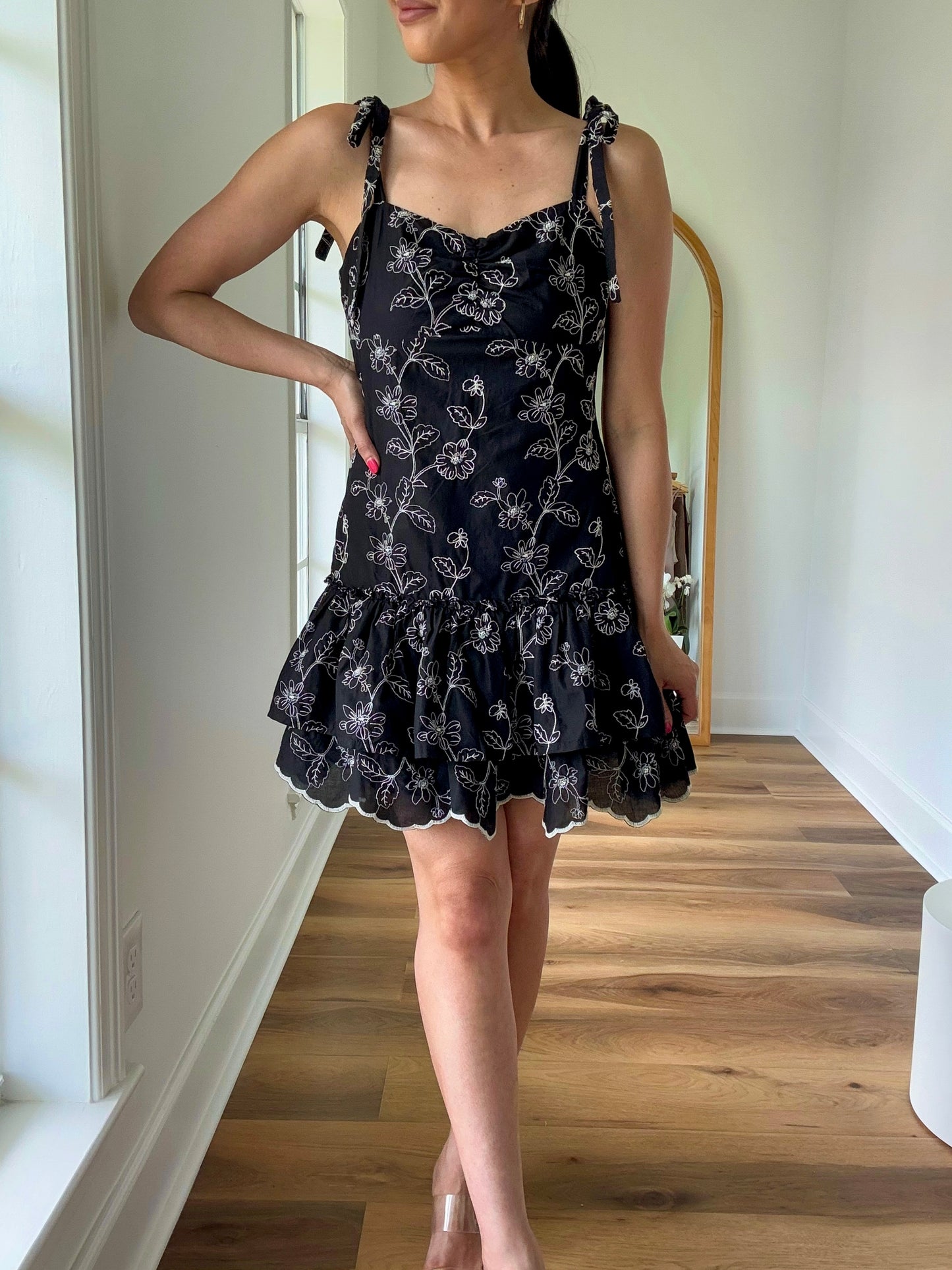 Embroidered Frill Mini Dress