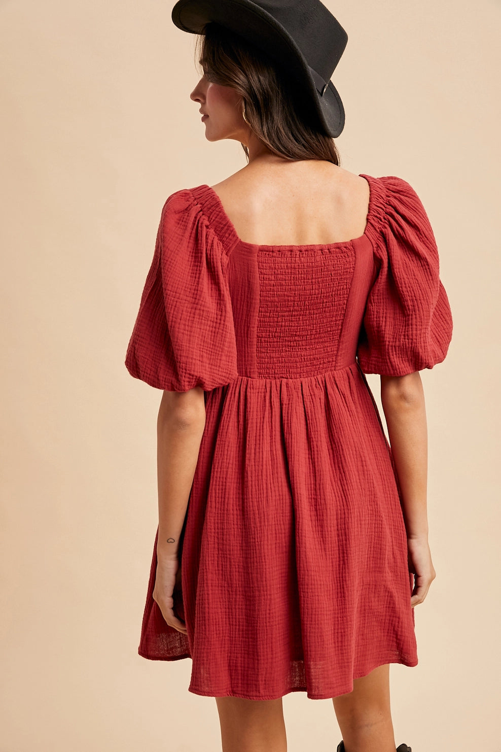 Cranberry Cotton Box Pleat Dress