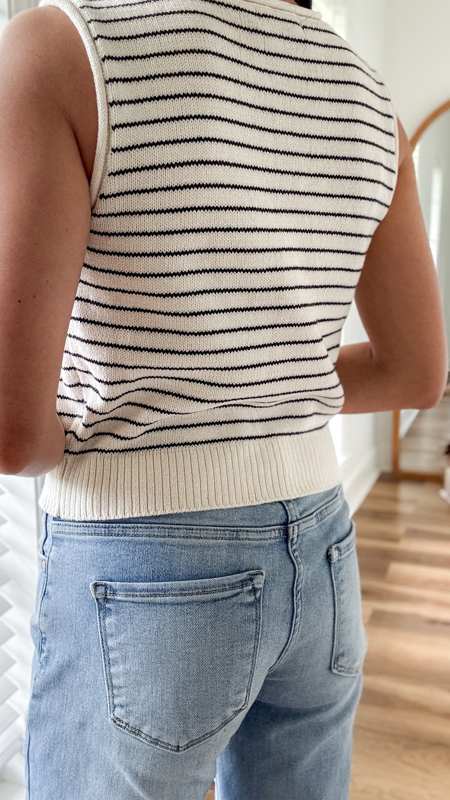 Stripe Raw Edge Button Top- Black