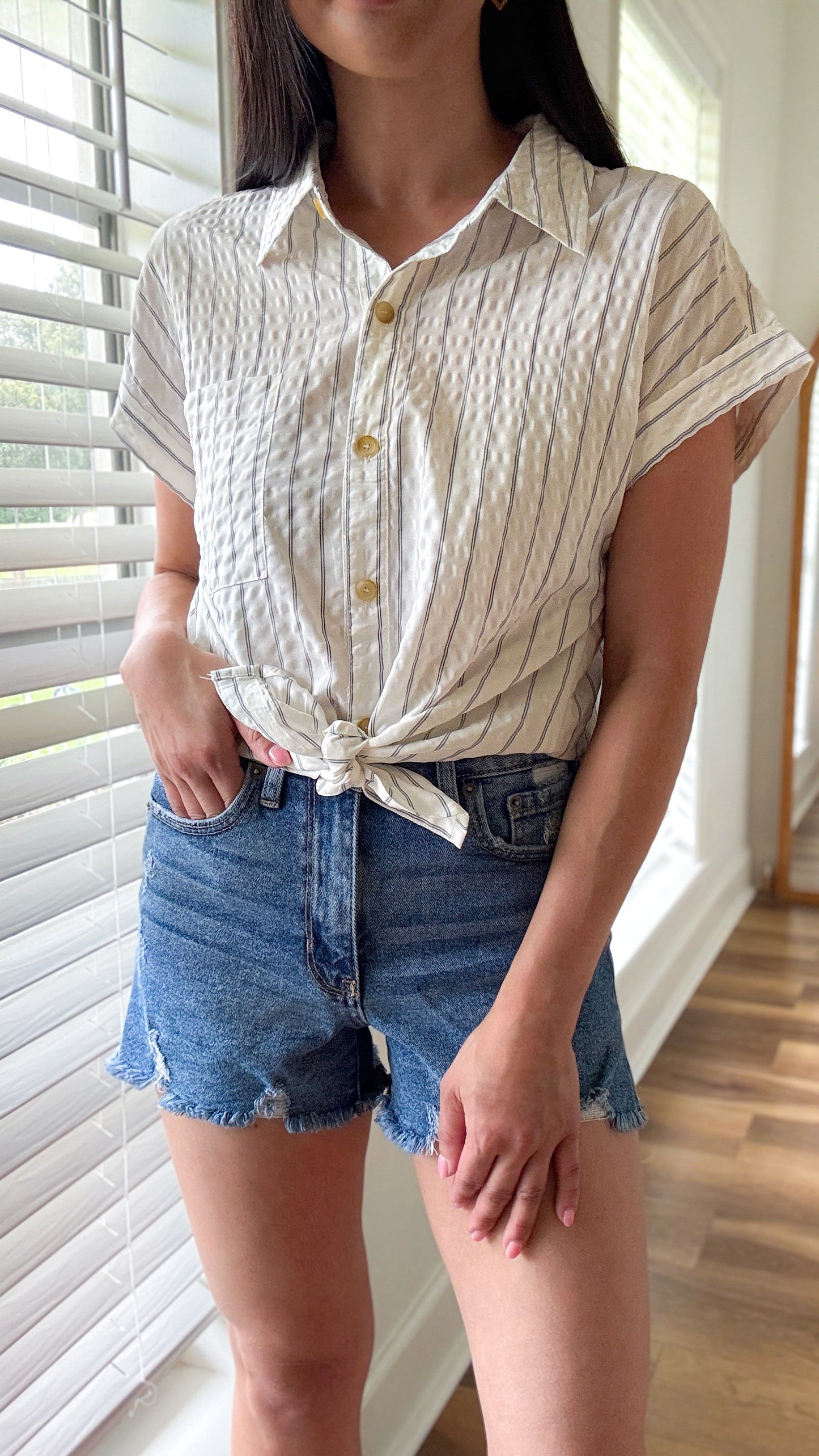 Textured Button Down Top- Navy