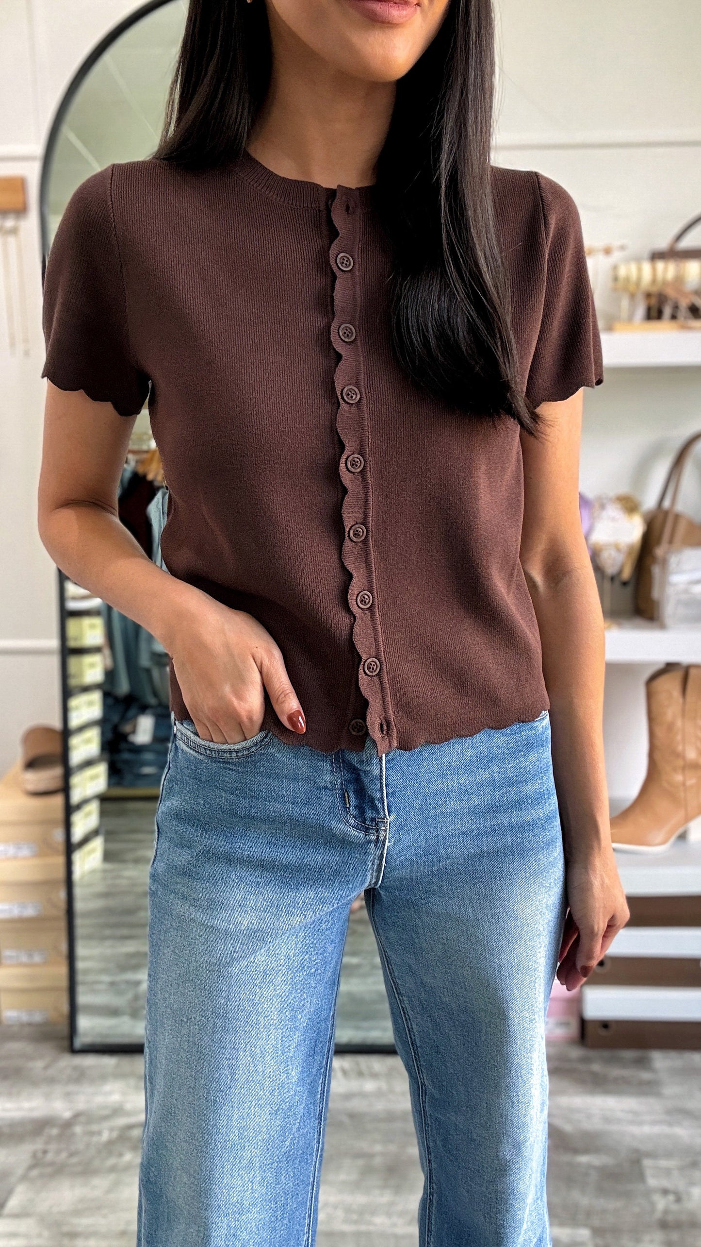 Baylor Scallop Cardigan Top- Brown