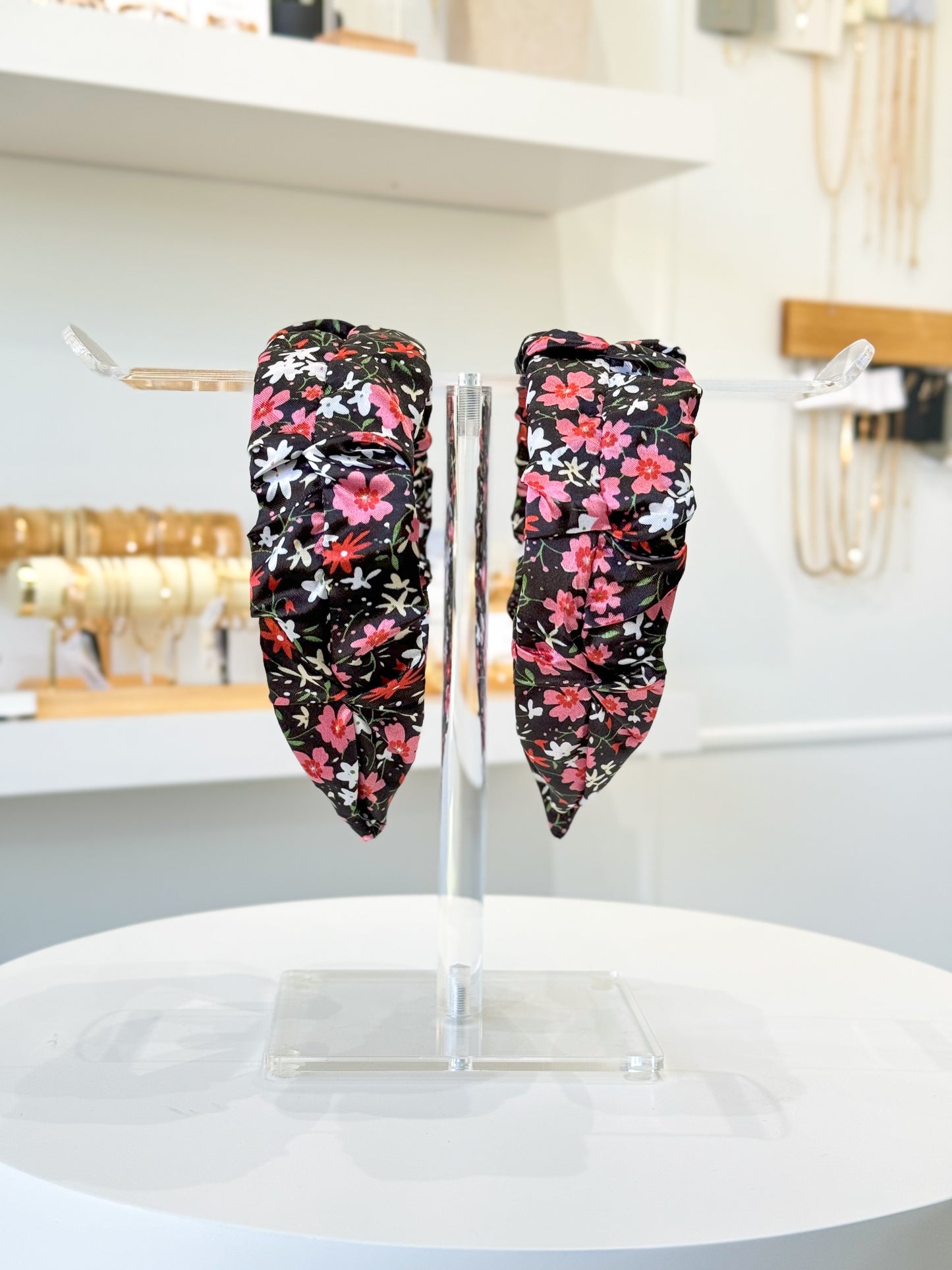 Floral Satin Ruched Headband- Black