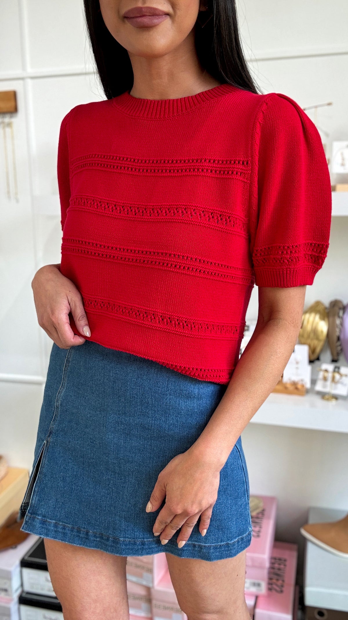 Red Crochet Sweater Top