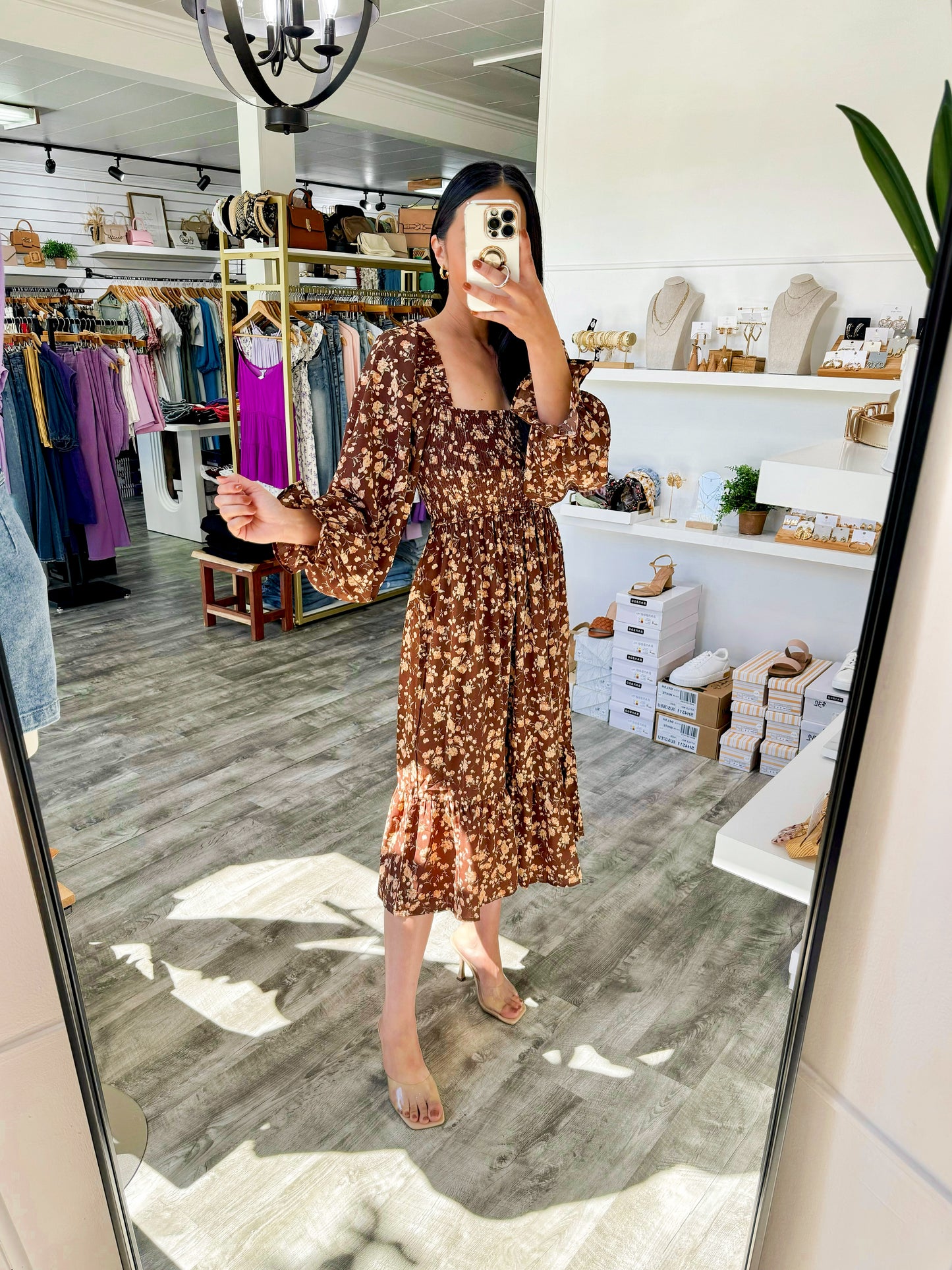 Chestnut Floral Smocked Midi