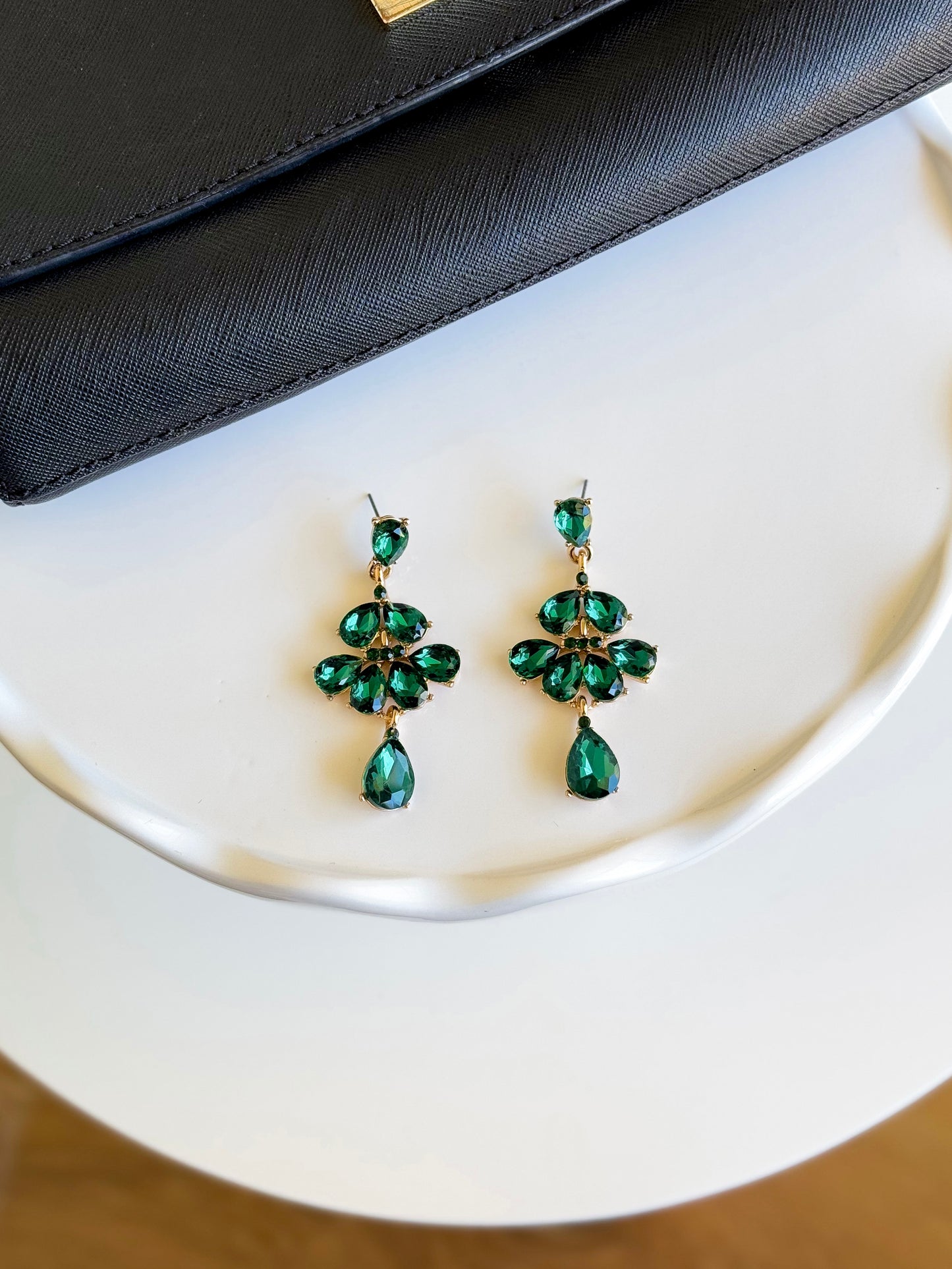 Rhinestone Long Teardrop Earrings- Emerald