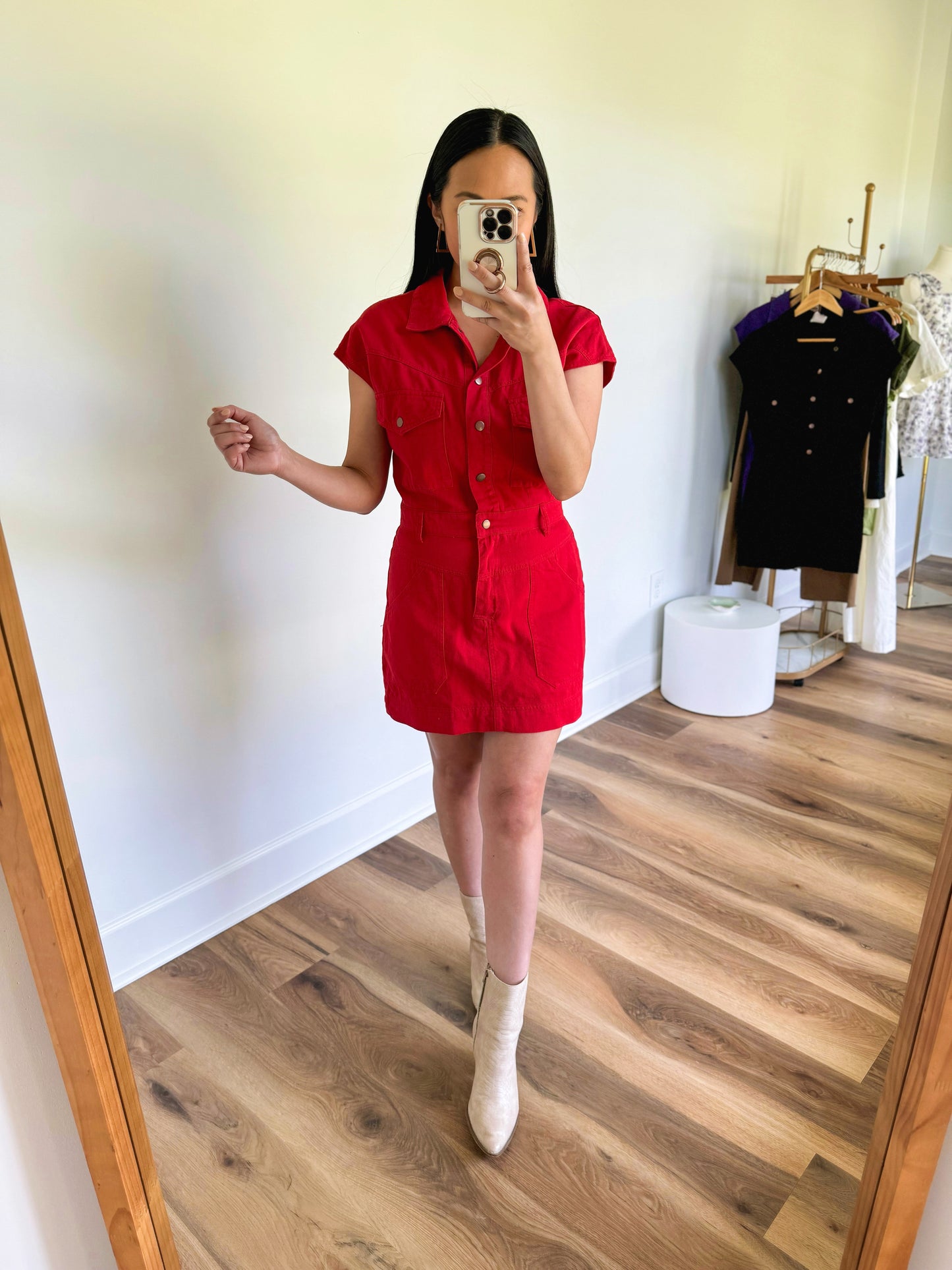 Button Up Utility Dress- Red