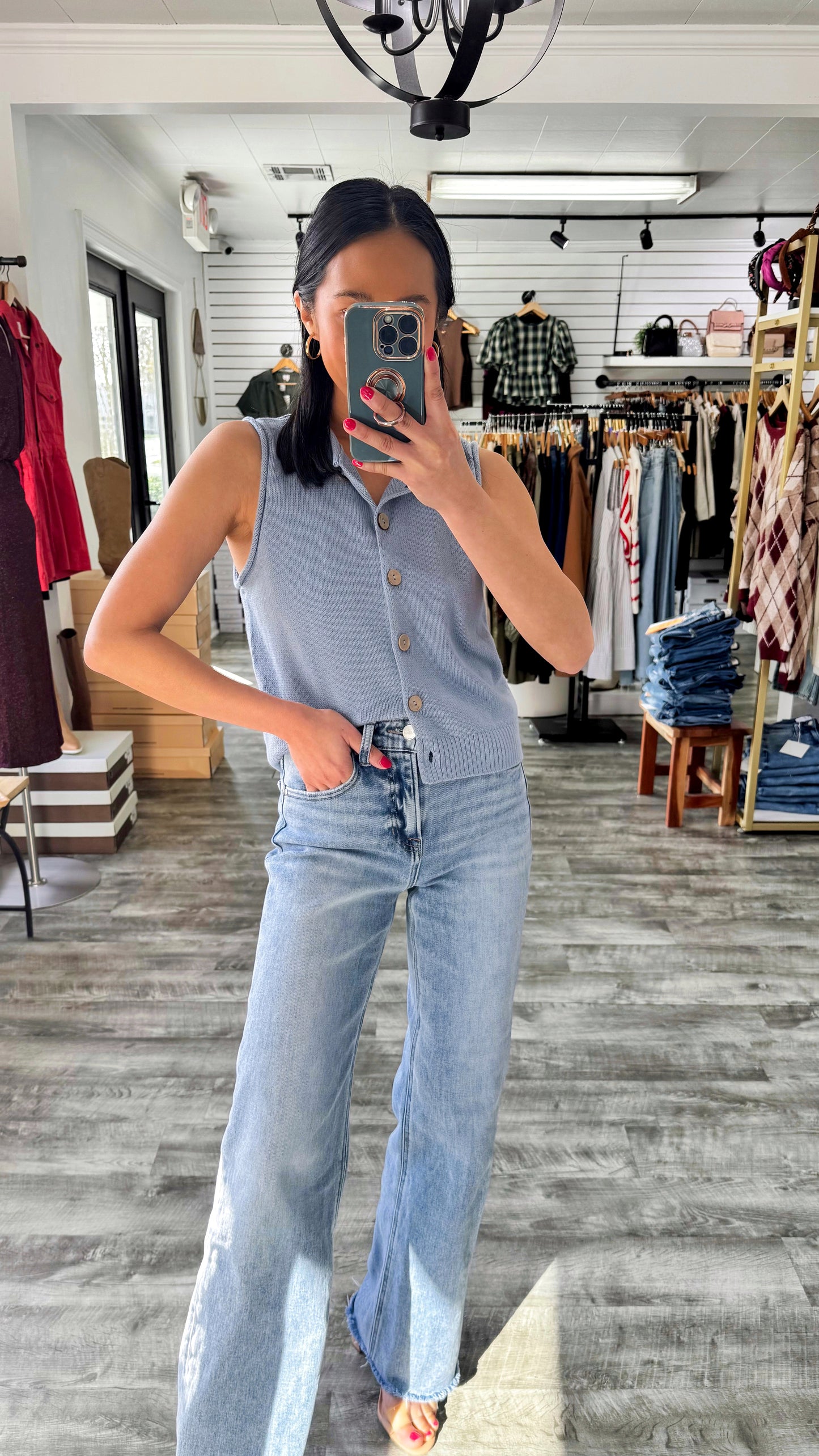 Raw Edge Button Vest- Blue