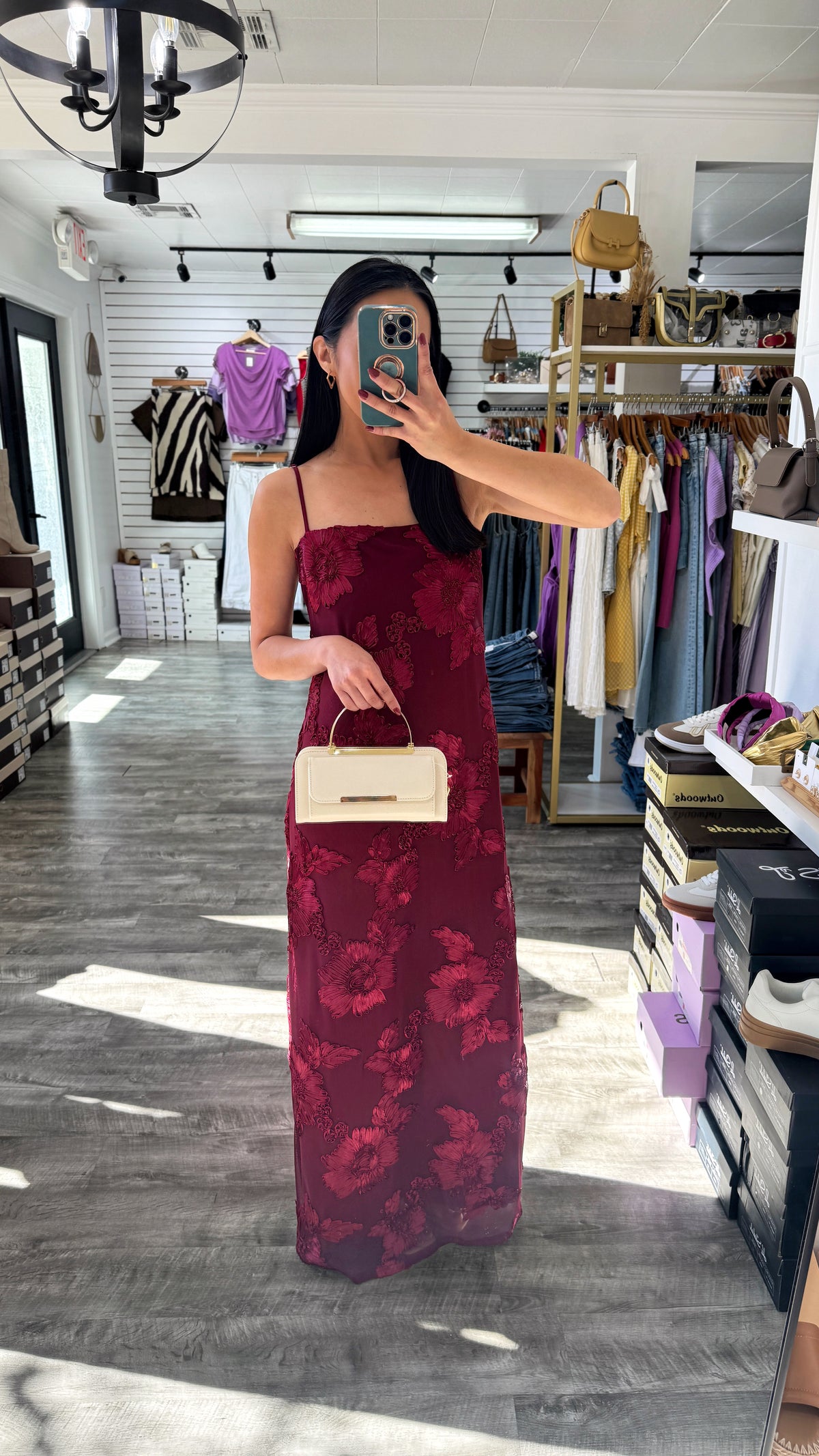 Wine Appliqué Mesh Maxi Dress