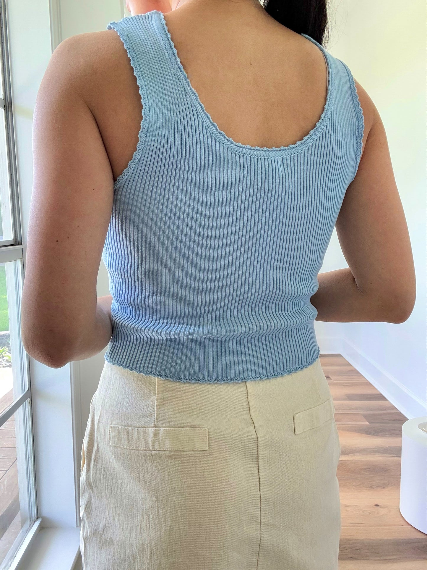 Scallop Trim Crop Tank- Ice Blue
