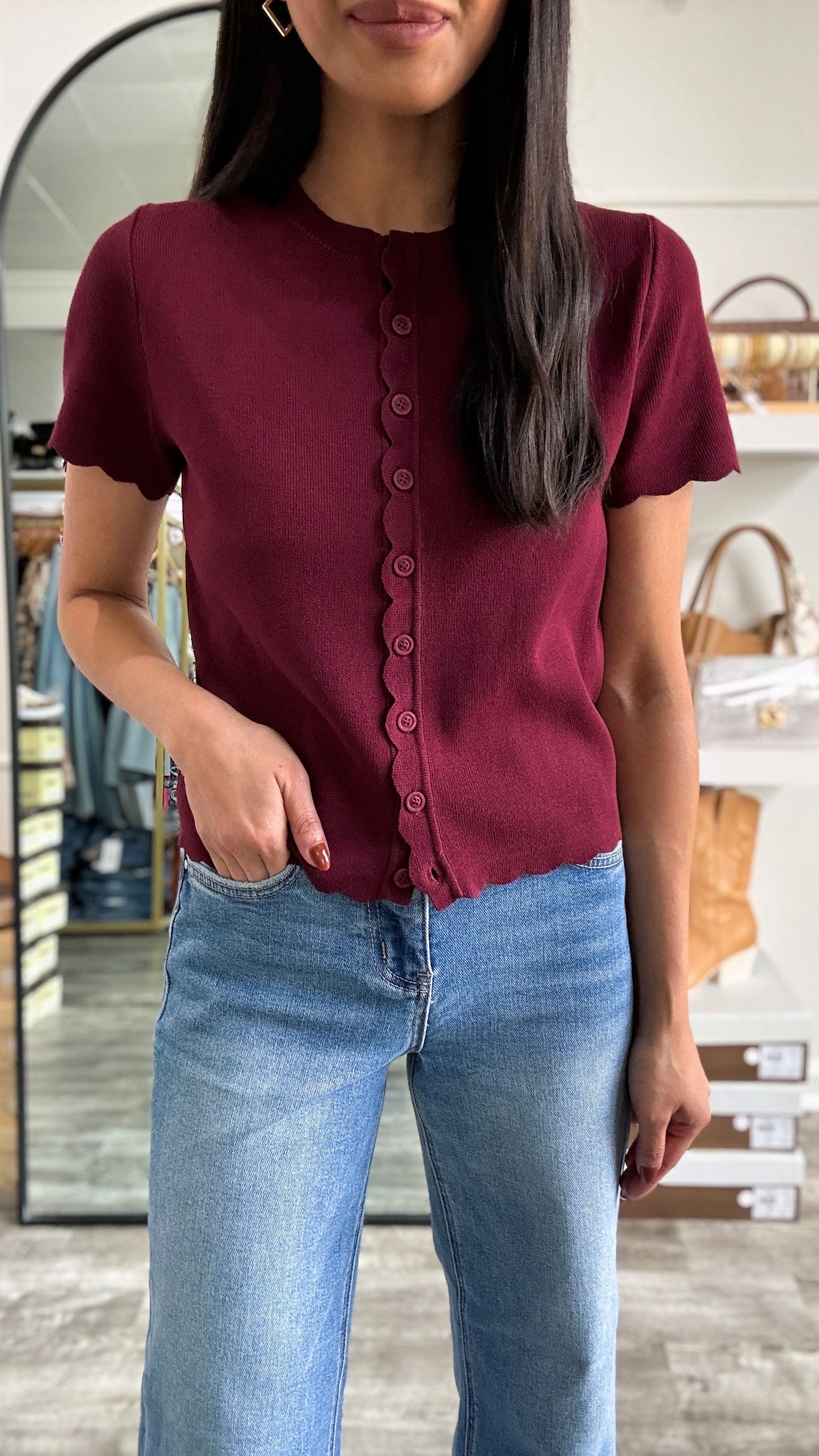Baylor Scallop Cardigan Top- Burgundy