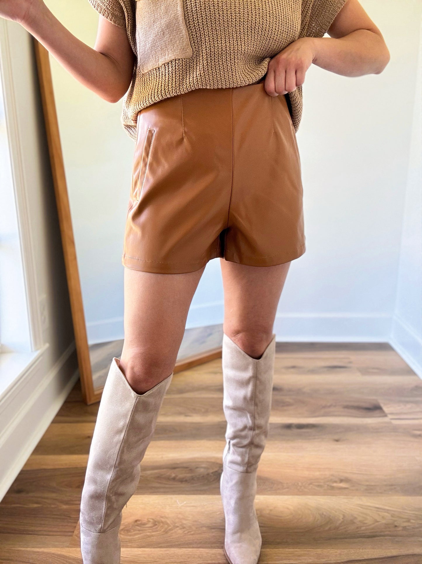 Camel Faux Leather Shorts