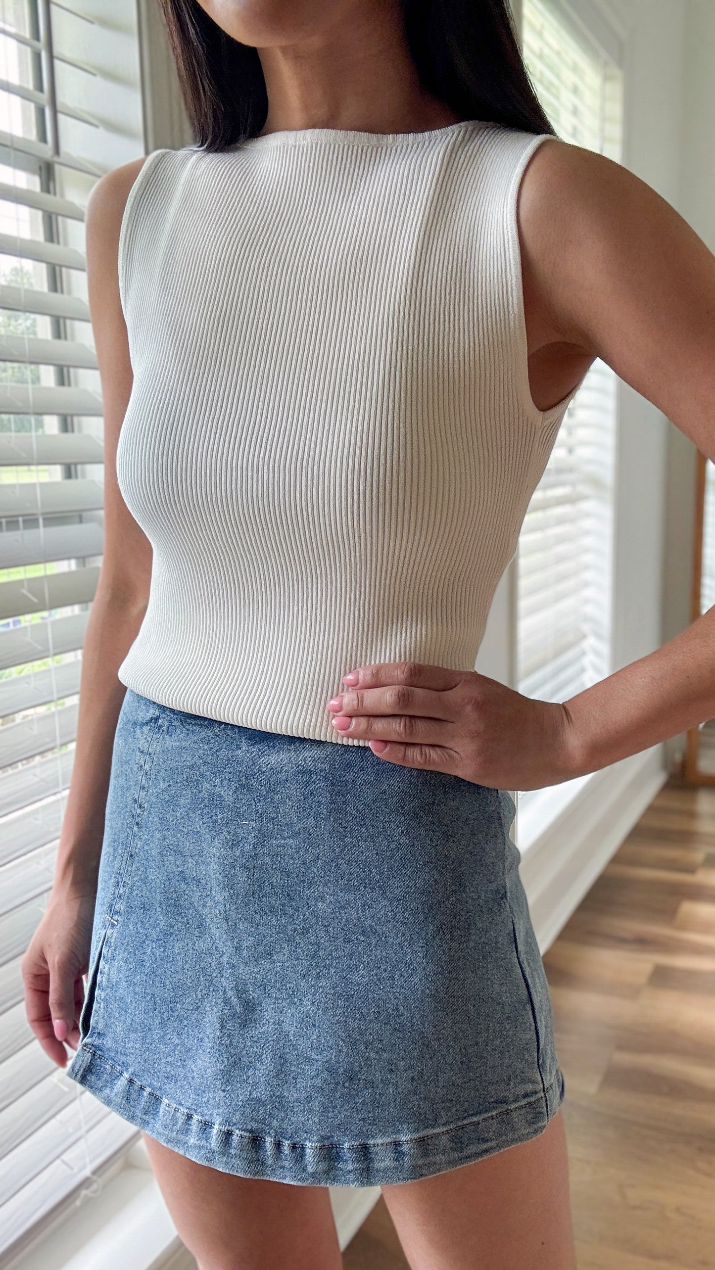 Boat Neck Ribbed Top- White