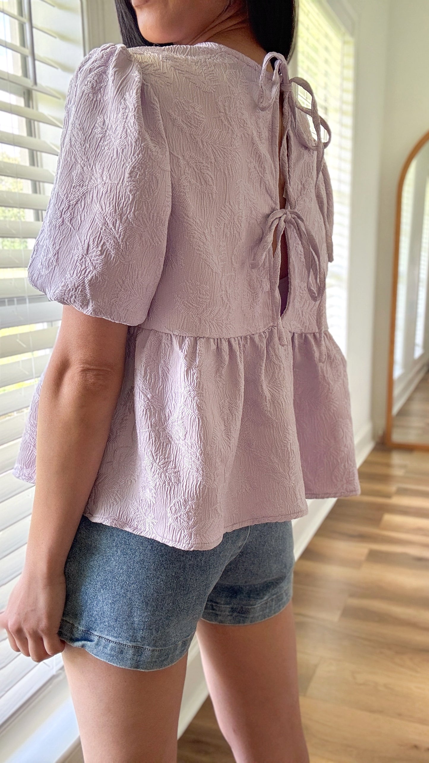 Jacquard Back Bow Peplum Blouse