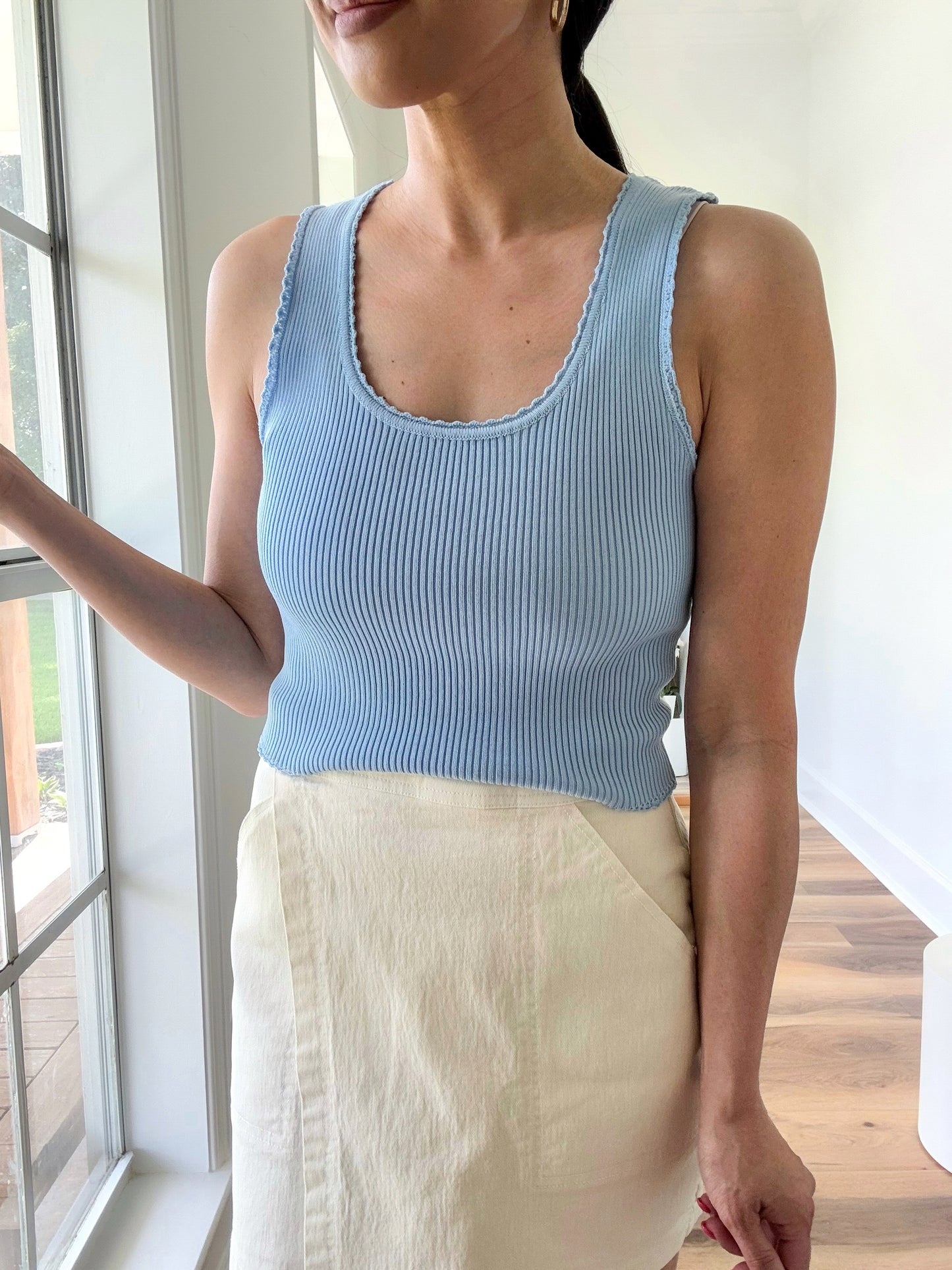 Scallop Trim Crop Tank- Ice Blue