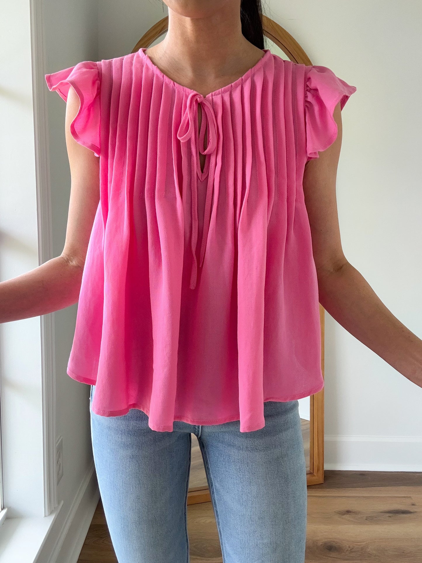 Pleated Ruffle Sleeve Top- Pink
