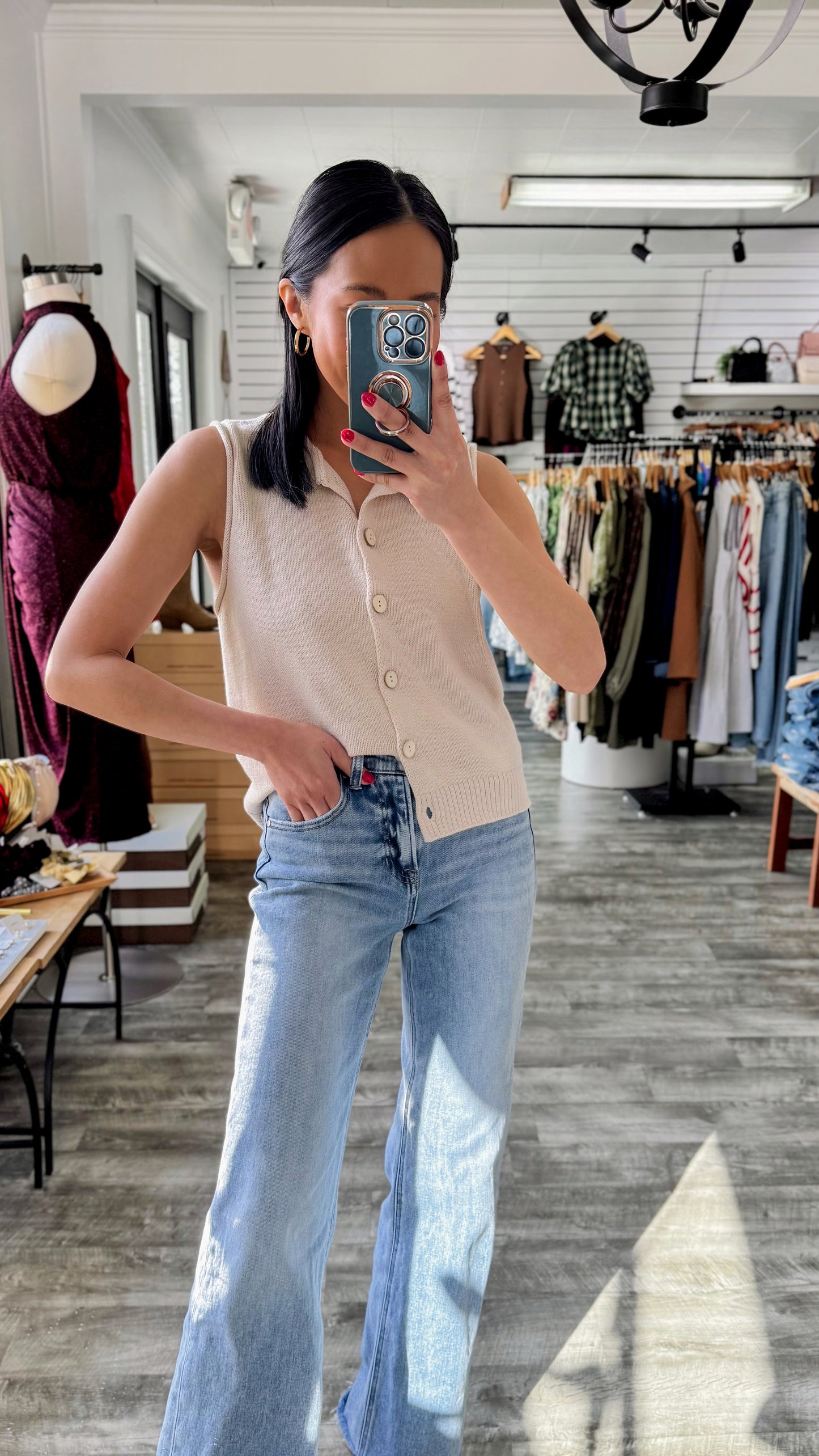 Raw Edge Button Vest- Khaki