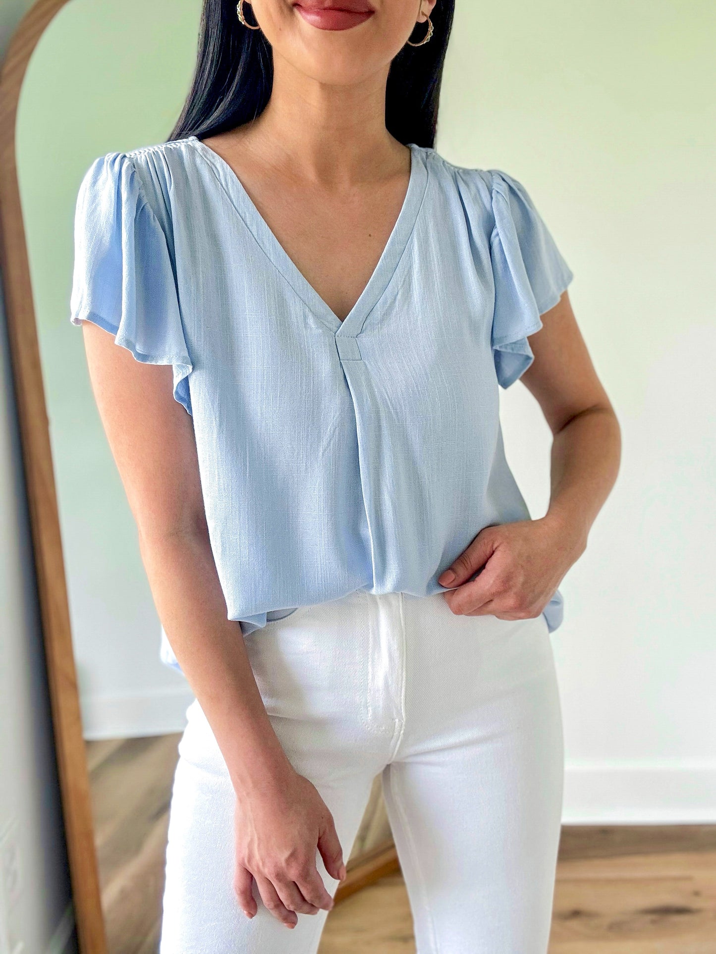 Chambray Ruffle Sleeve Top