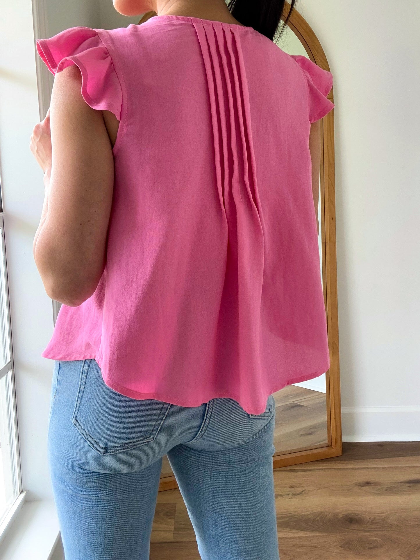 Pleated Ruffle Sleeve Top- Pink