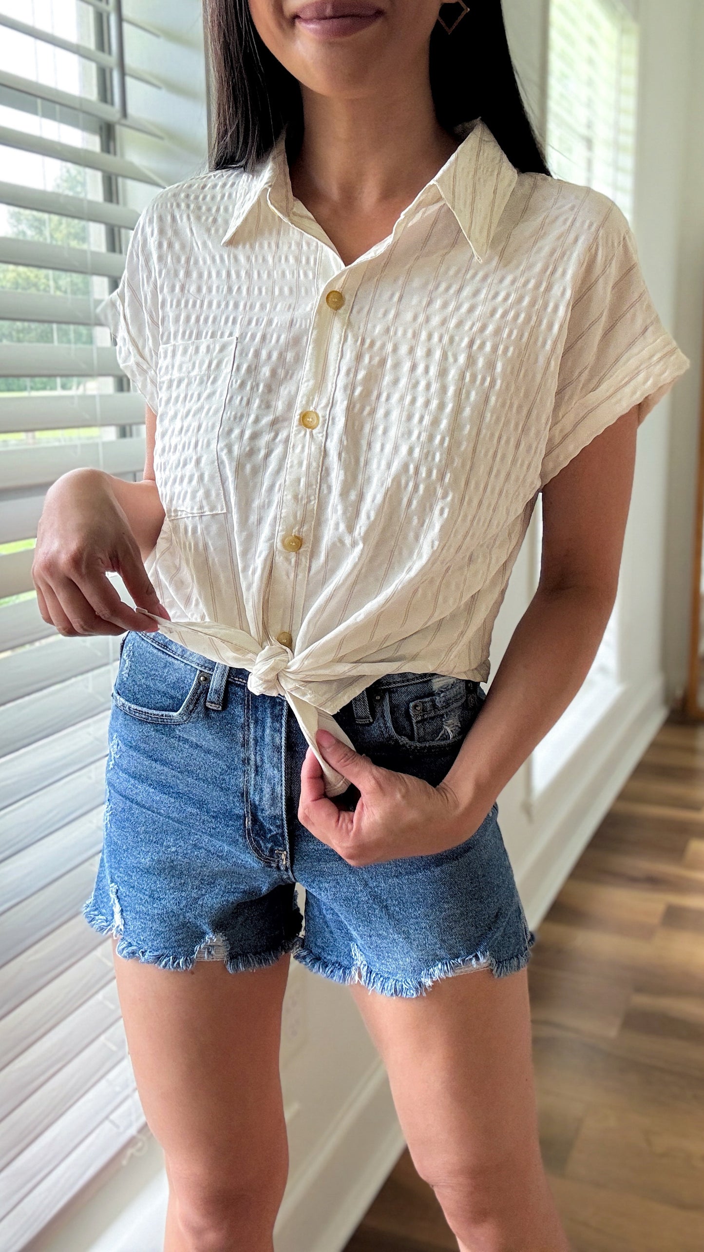 Textured Button Down Top- Khaki