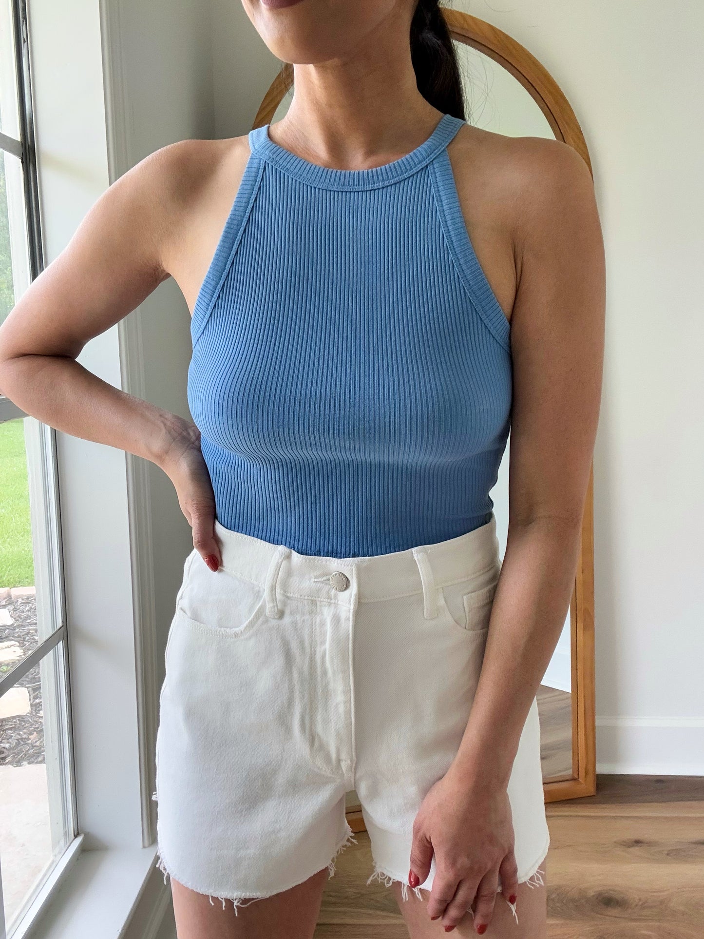 Crop Halter Ribbed Top- Azure