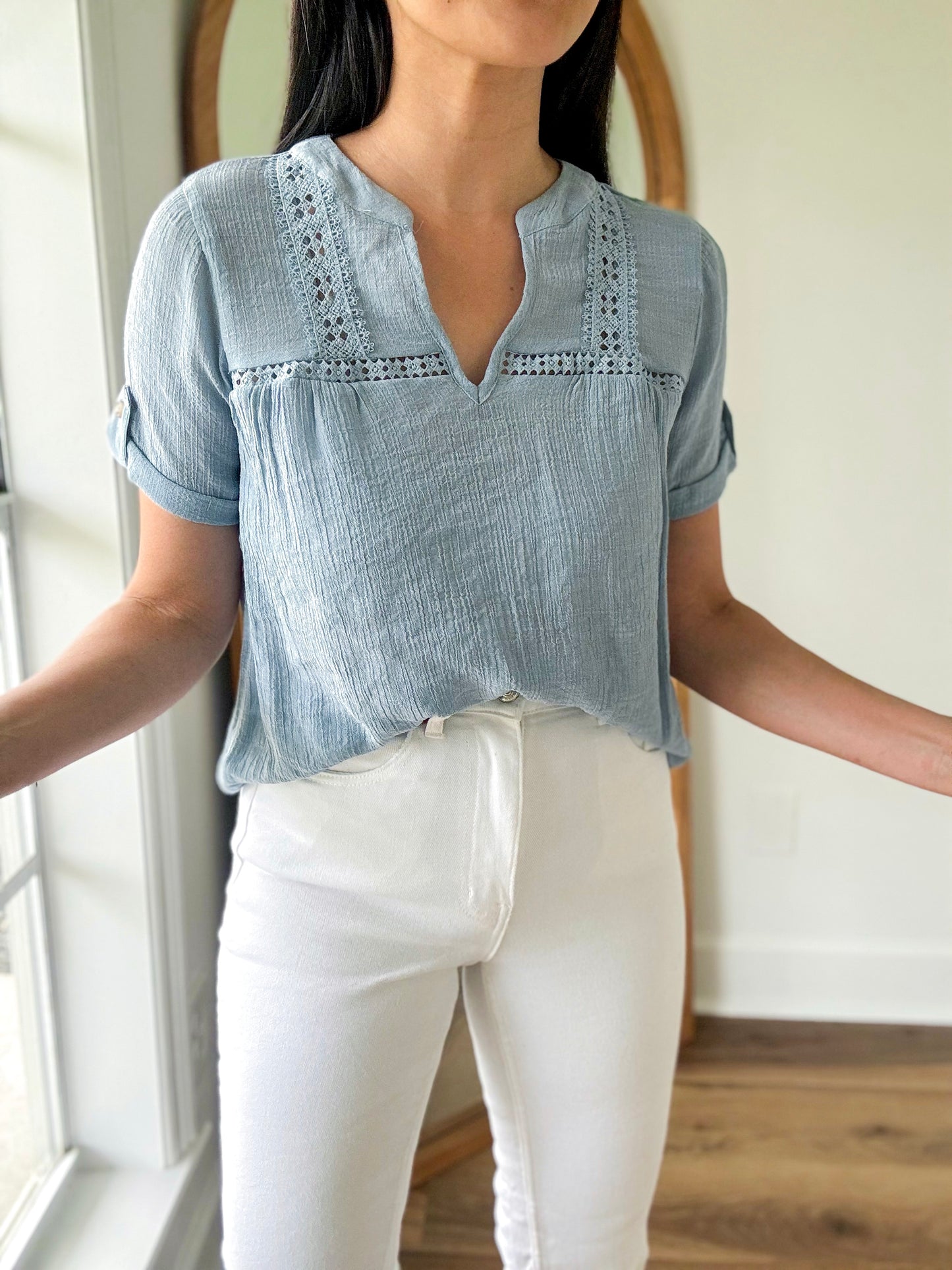 Blue Lace Trim Blouse
