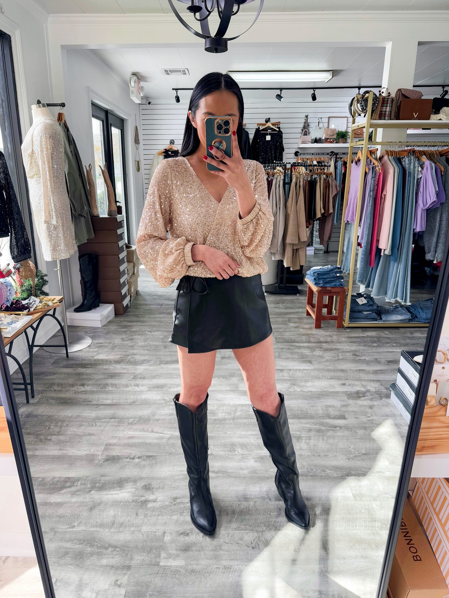 Sequin Surplice Top-Champagne