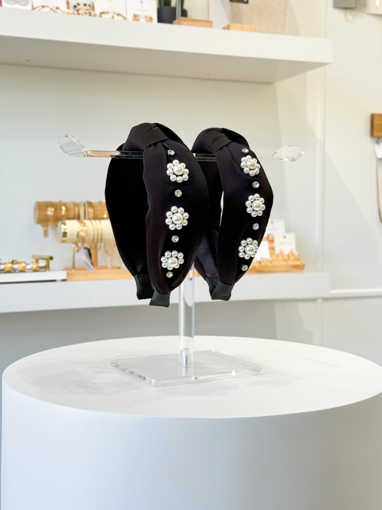 Rhinestone & Pearl Daisy Headband- Black