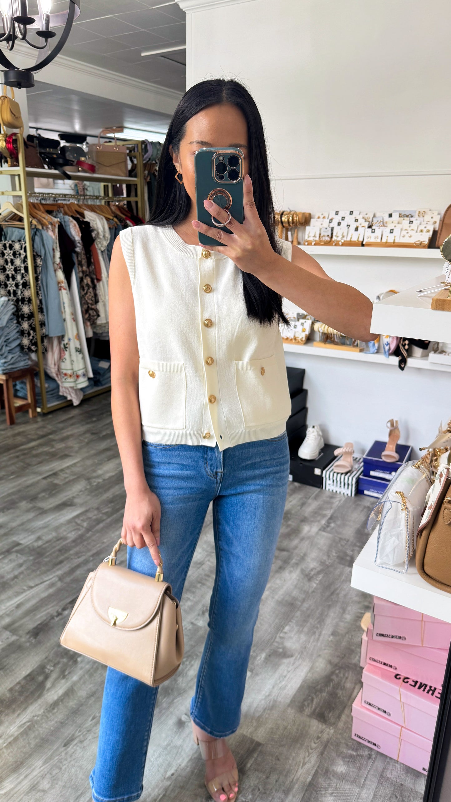 Gold Button Cardigan Vest- Ivory