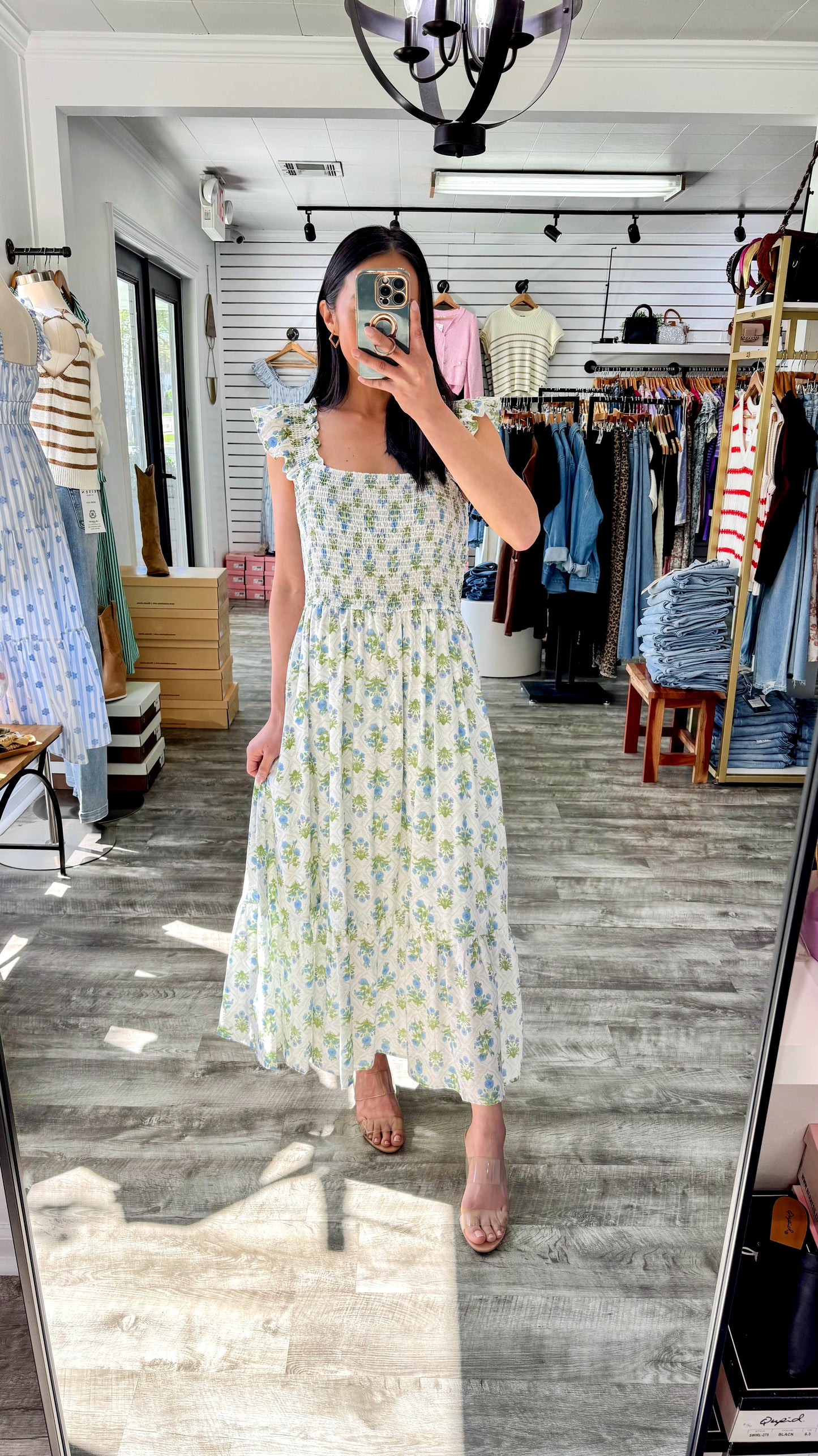 Floral Tile Smocked Midi Dress-Blue