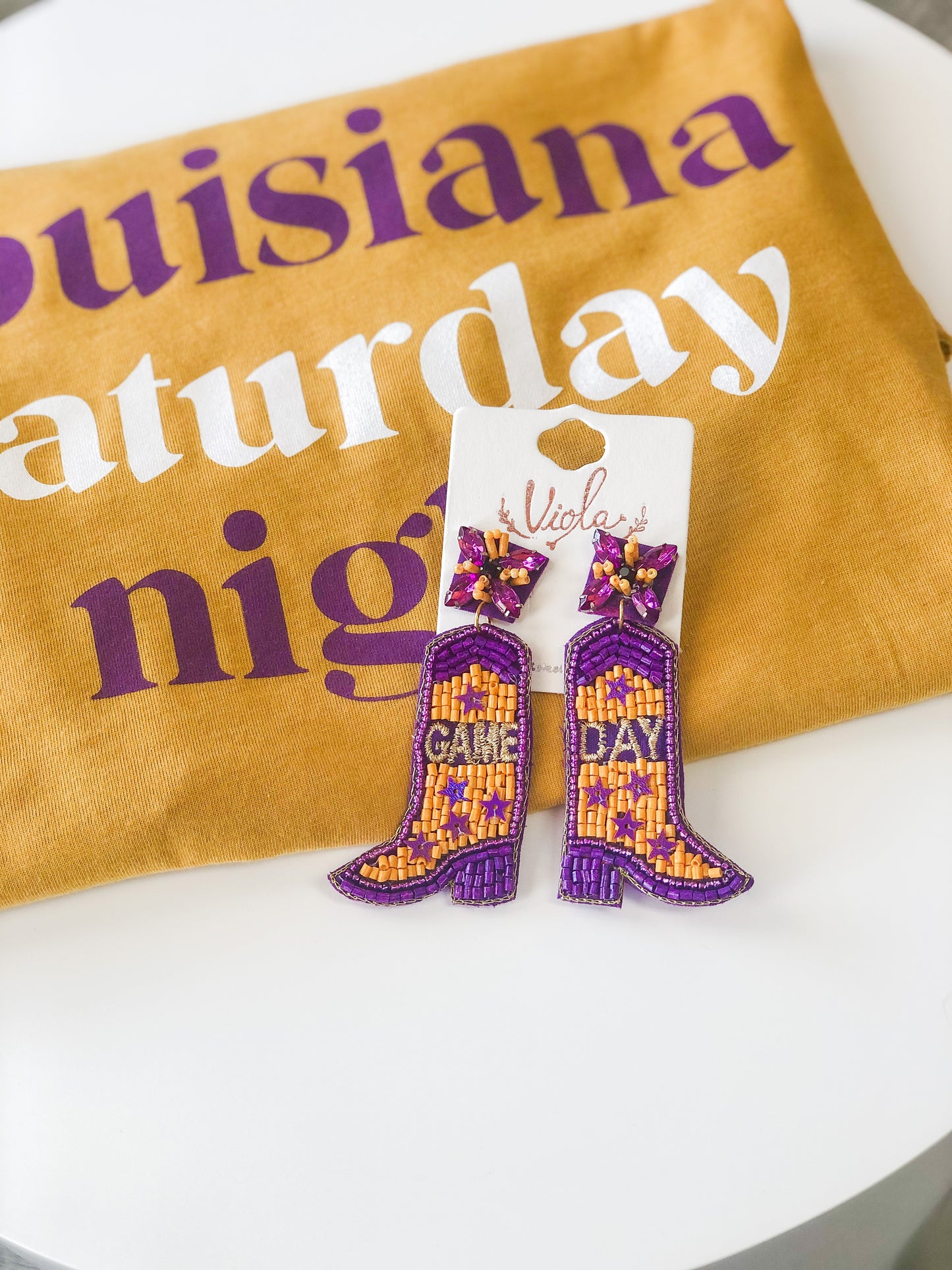 Game Day Boots Earrings-Yellow/Purple