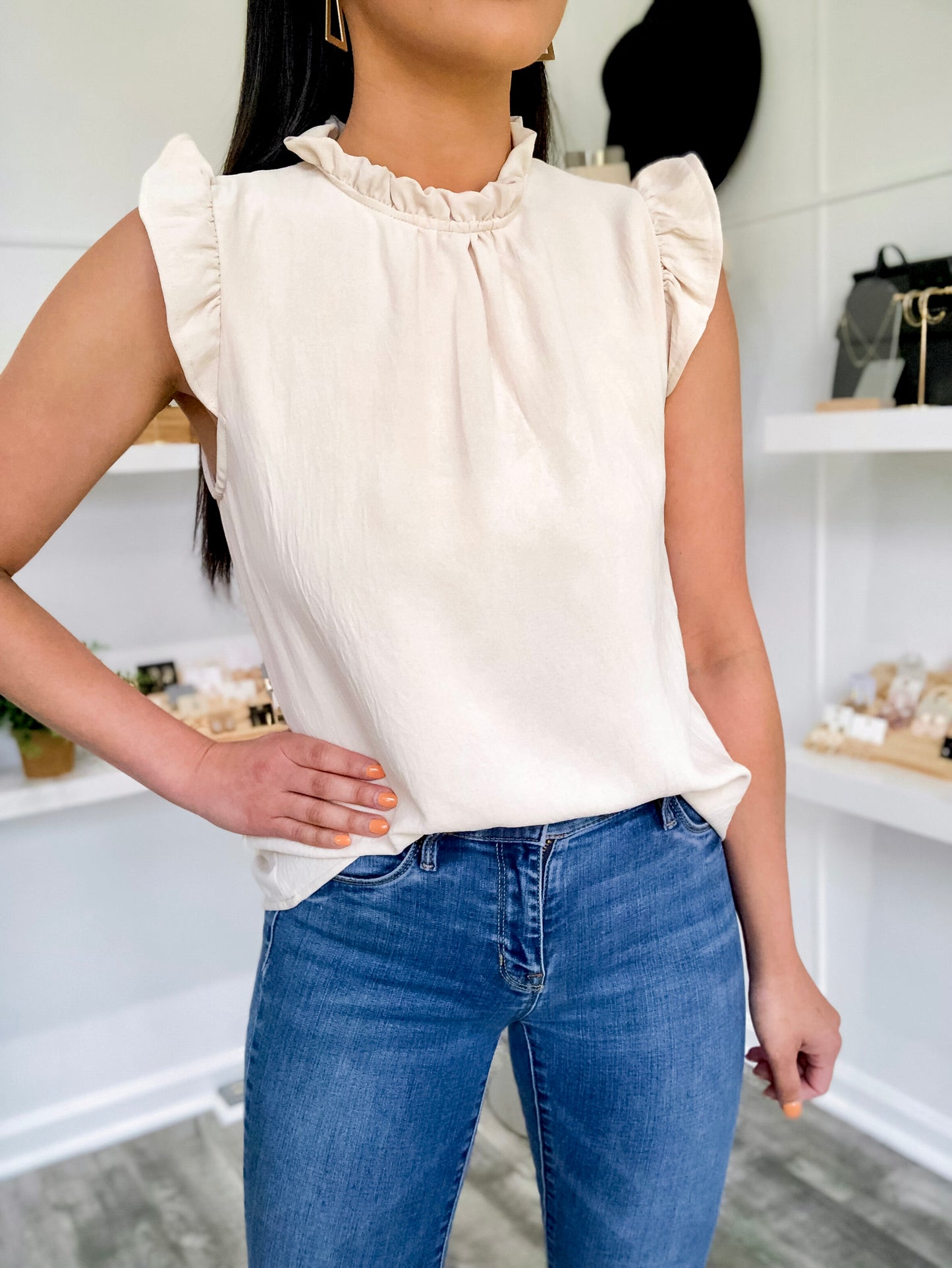 Stone Ruffle Neck Top