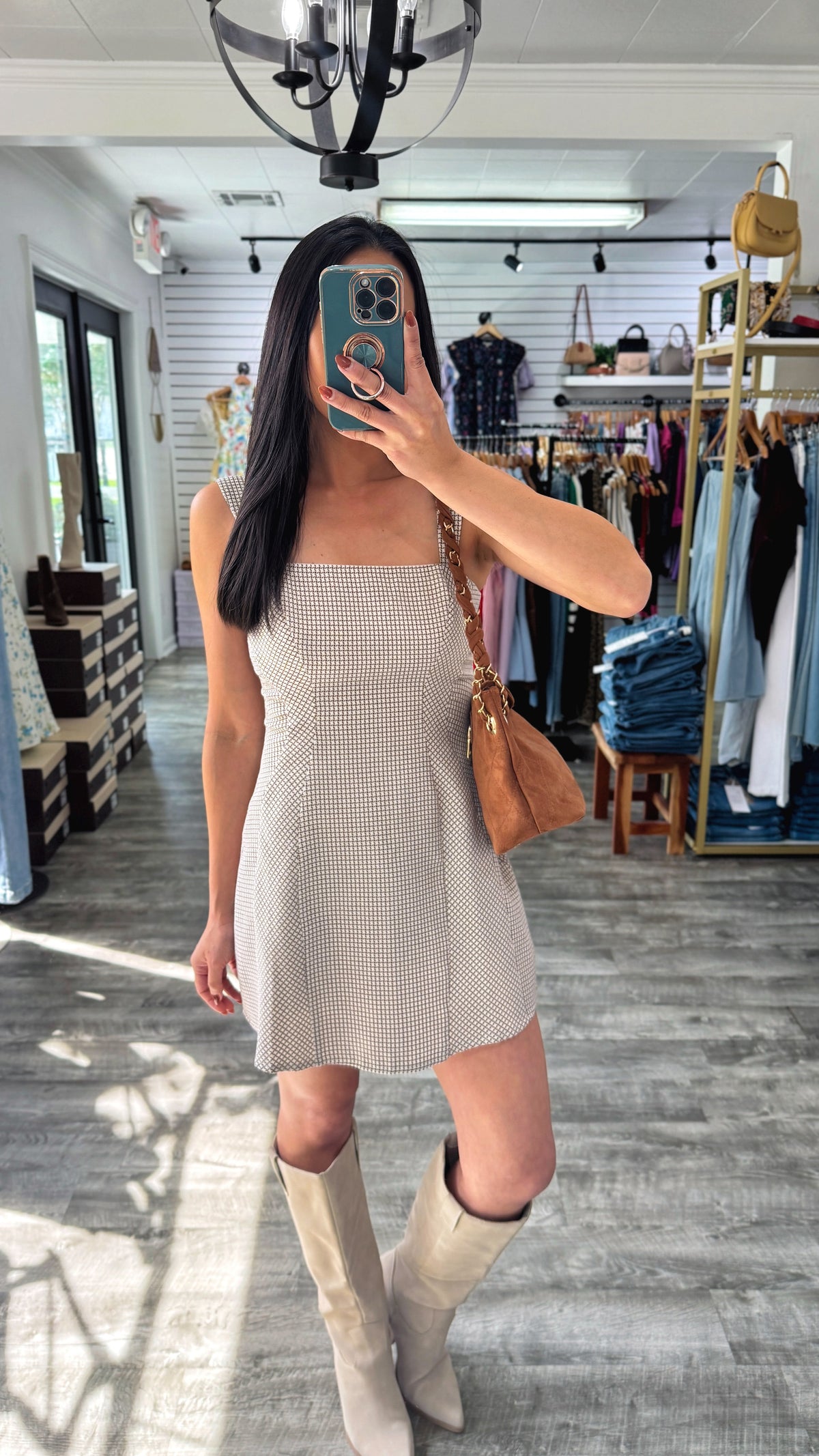 Brown Gingham Romper Dress