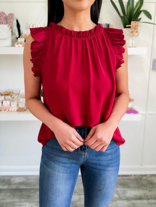 Folded Ruffle Woven Top- Burgundy