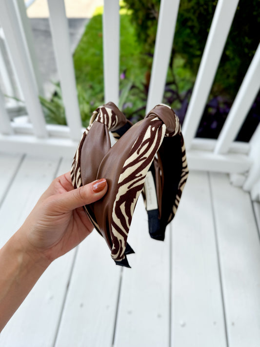Leather Tiger Stripe Headband- Brown