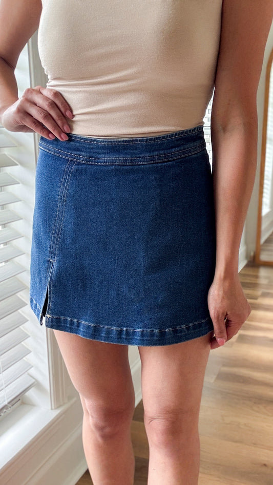 Side Slit Denim Skort-Dark Wash