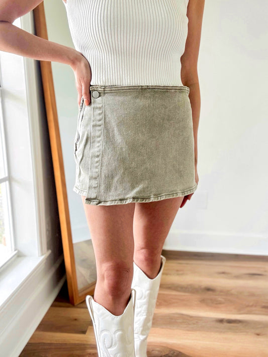 Olive Washed Denim Skort