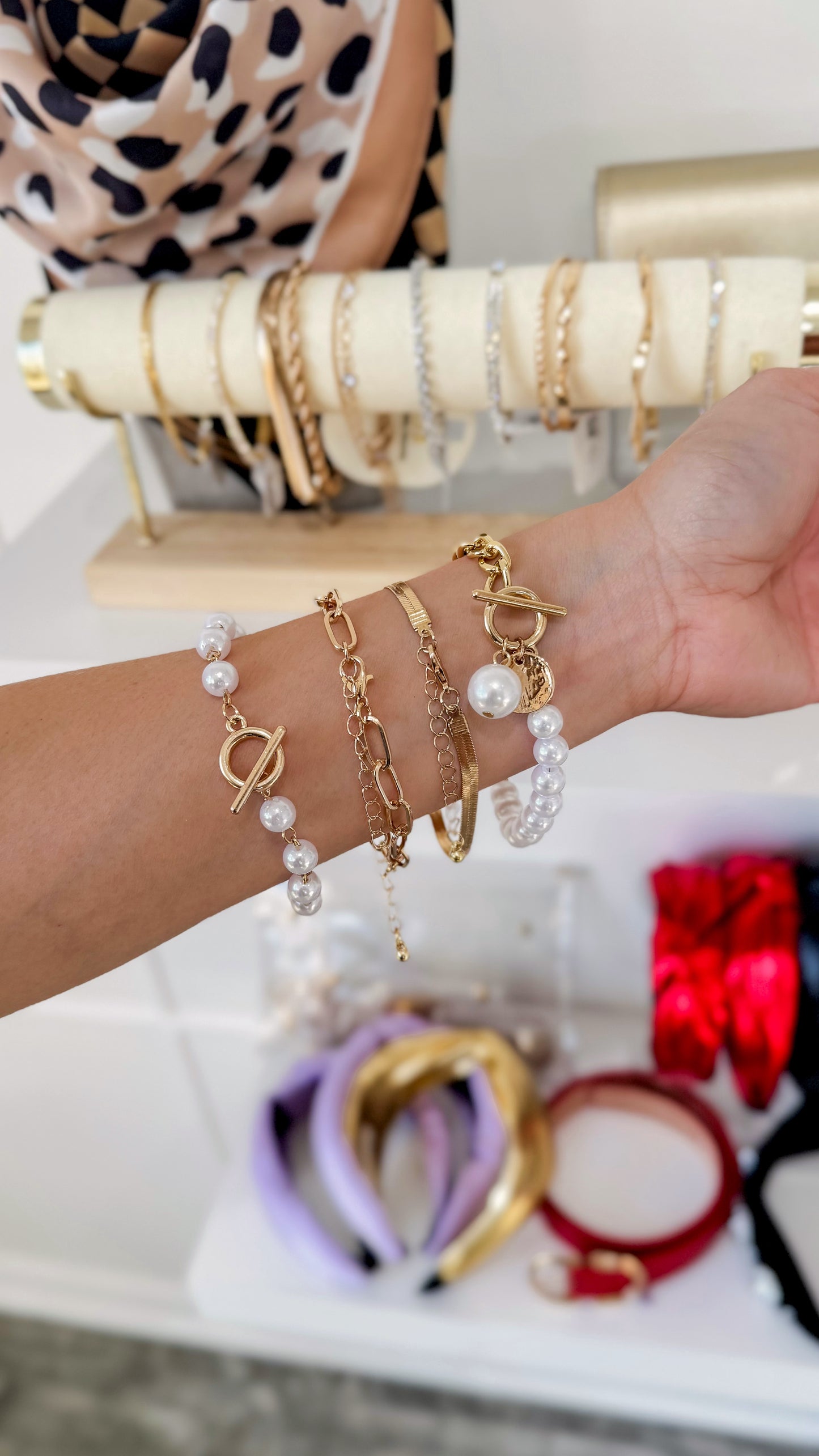 Herringbone Pearl Chain Bracelet Set