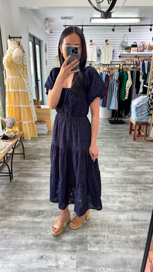 Navy Eyelet Midi Dress