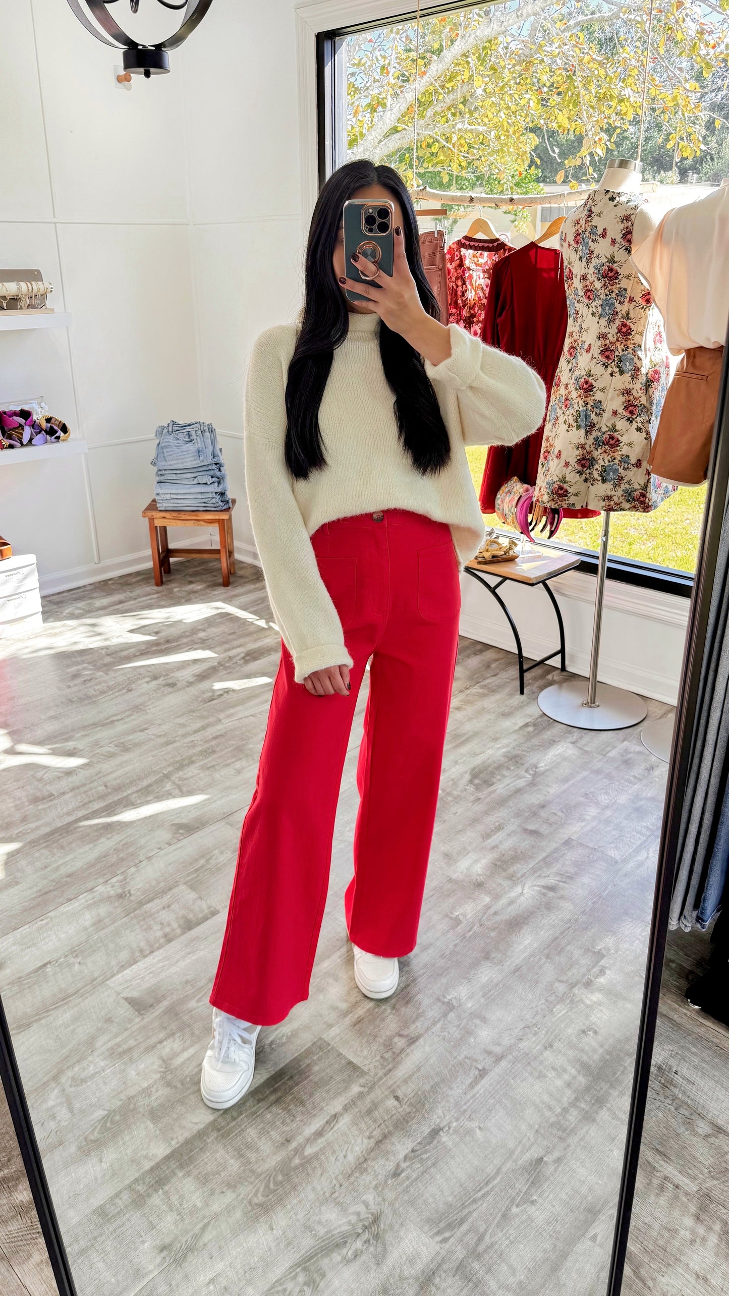 Patch Pocket Wide Leg Pants - Red
