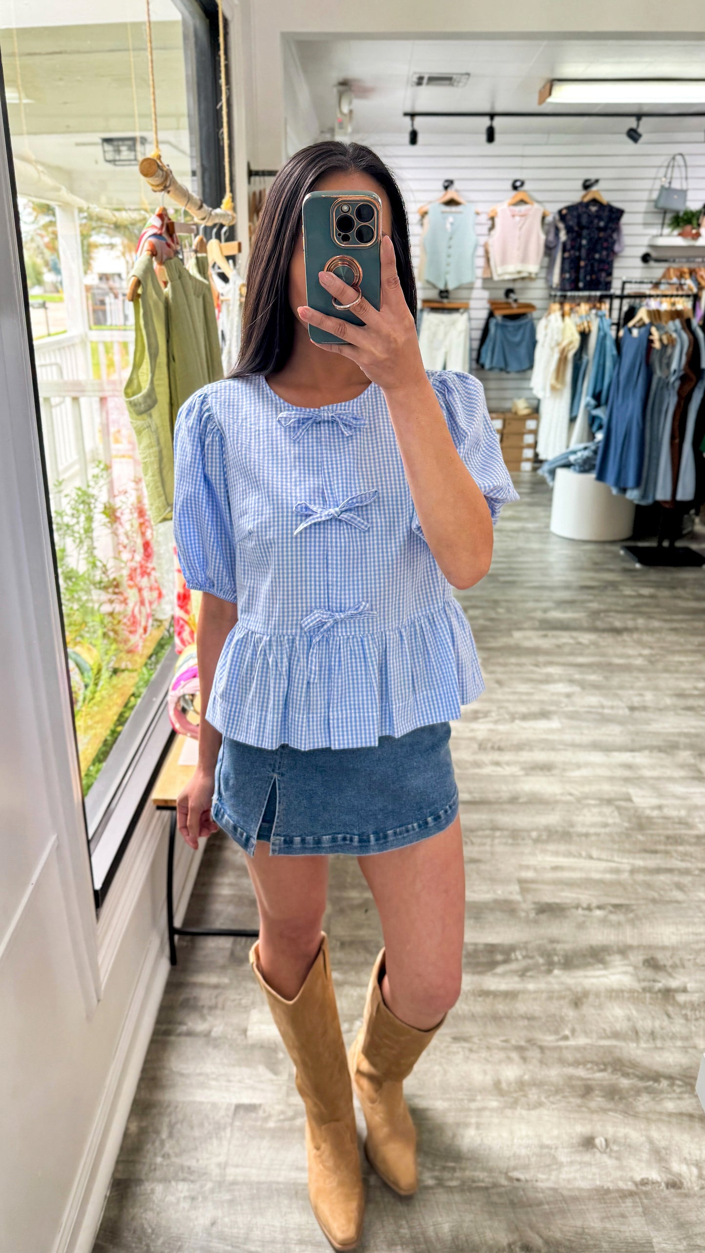 Polly Gingham Top-Blue