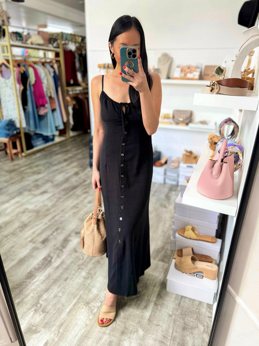 Linen Button Down Midi Dress- Black