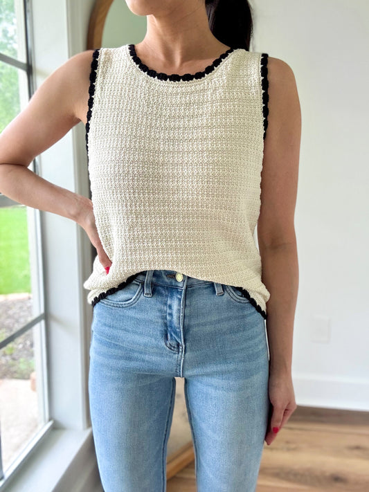 Contrast Crochet Knit Top-Ivory