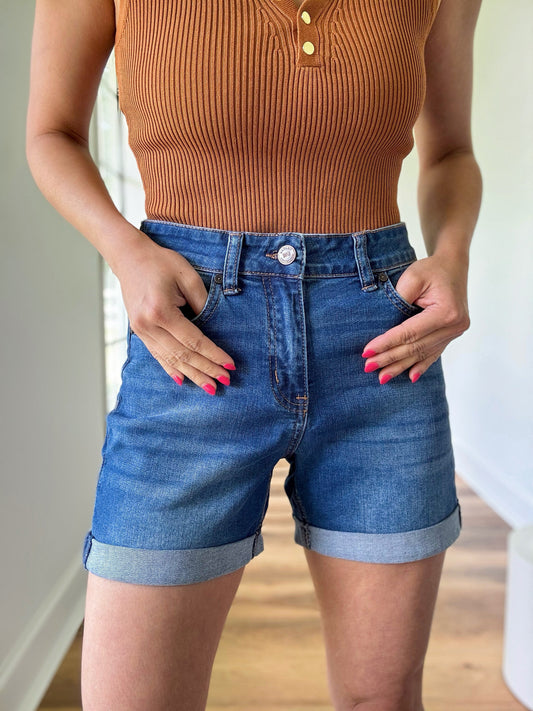 Cuffed Long Length Denim Shorts