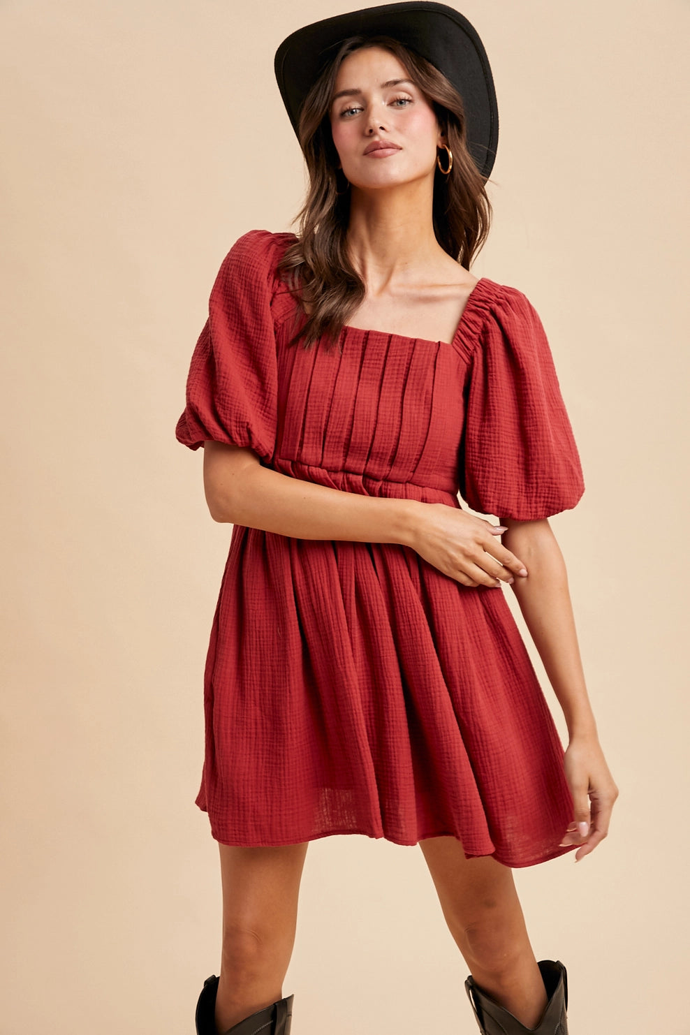 Cranberry Cotton Box Pleat Dress