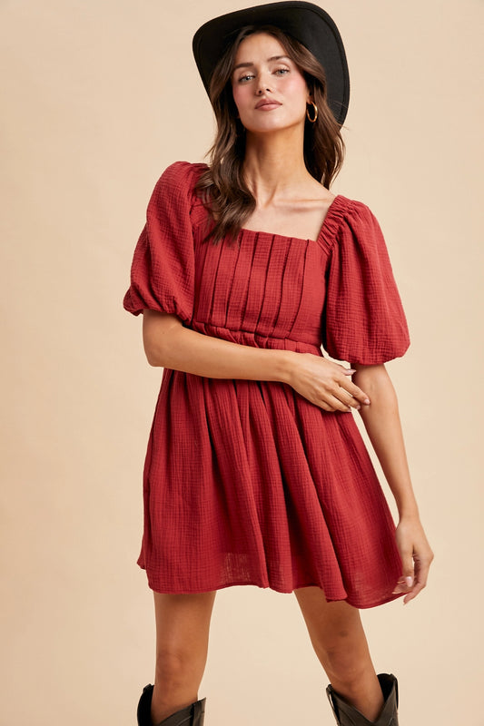 Cranberry Cotton Box Pleat Dress